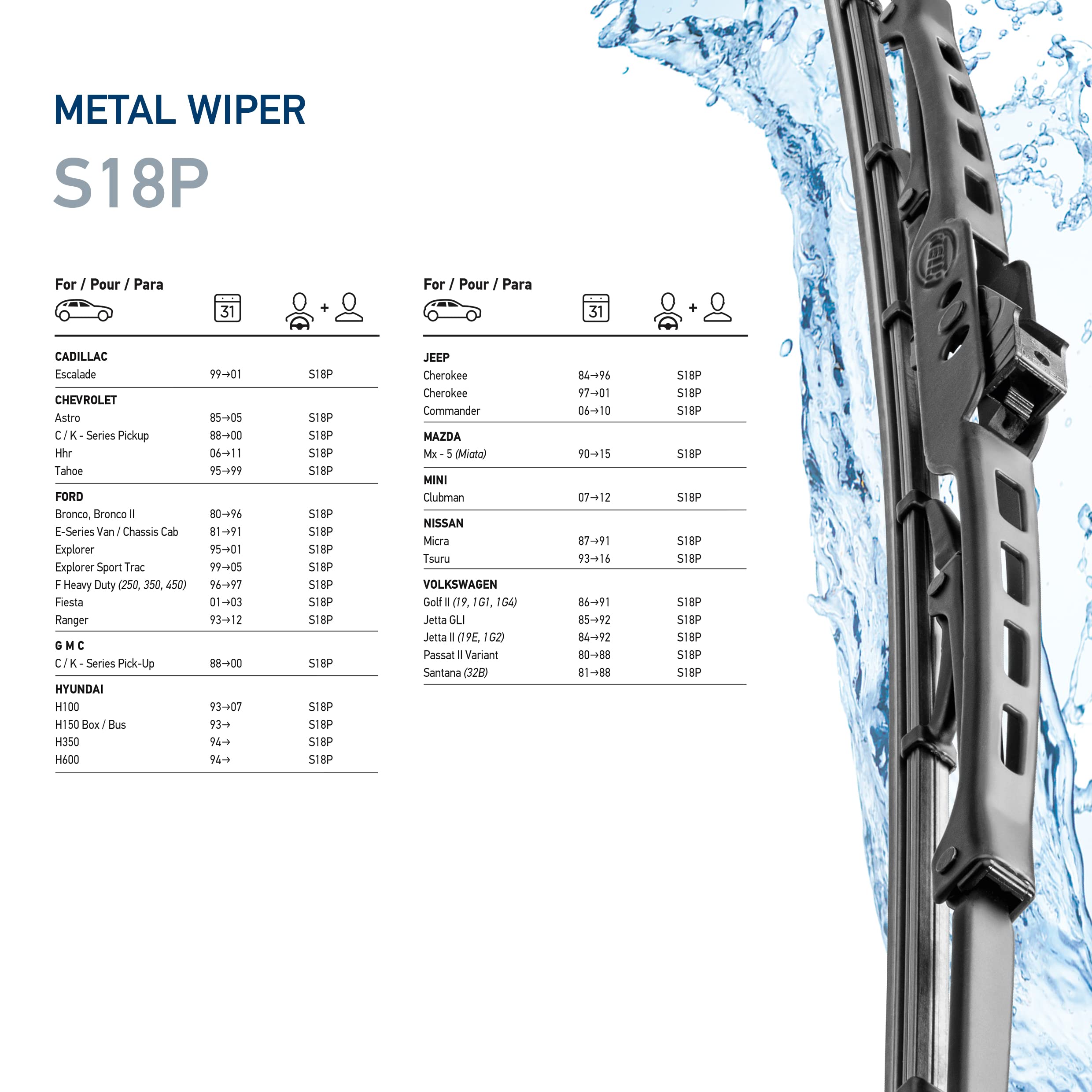 Hella 18 Inch OE Quality All Seasons Streak-Free Rubber Standard Wiper Blade (2 Blades) fit select Cadillac Chevrolet Ford GMC Hyundai Jeep Mazda Mini Nissan Volkswagen / 9XW398114018