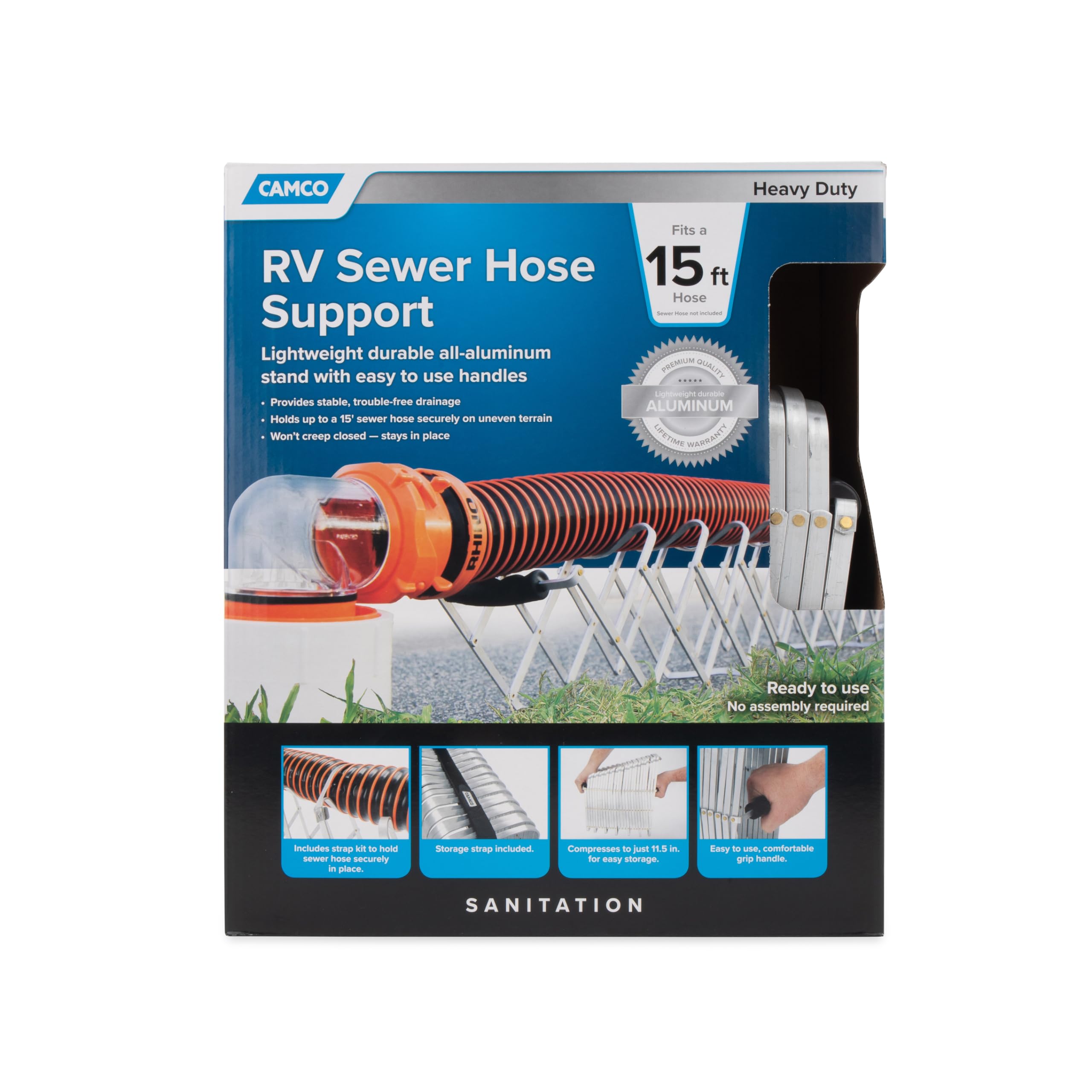 Camco 15-Ft Sewer Hose Support/RV Camper - Features Lightweight Durable Aluminum Design - Includes Strap Kit - Easily Folds for RV Storage (40353)