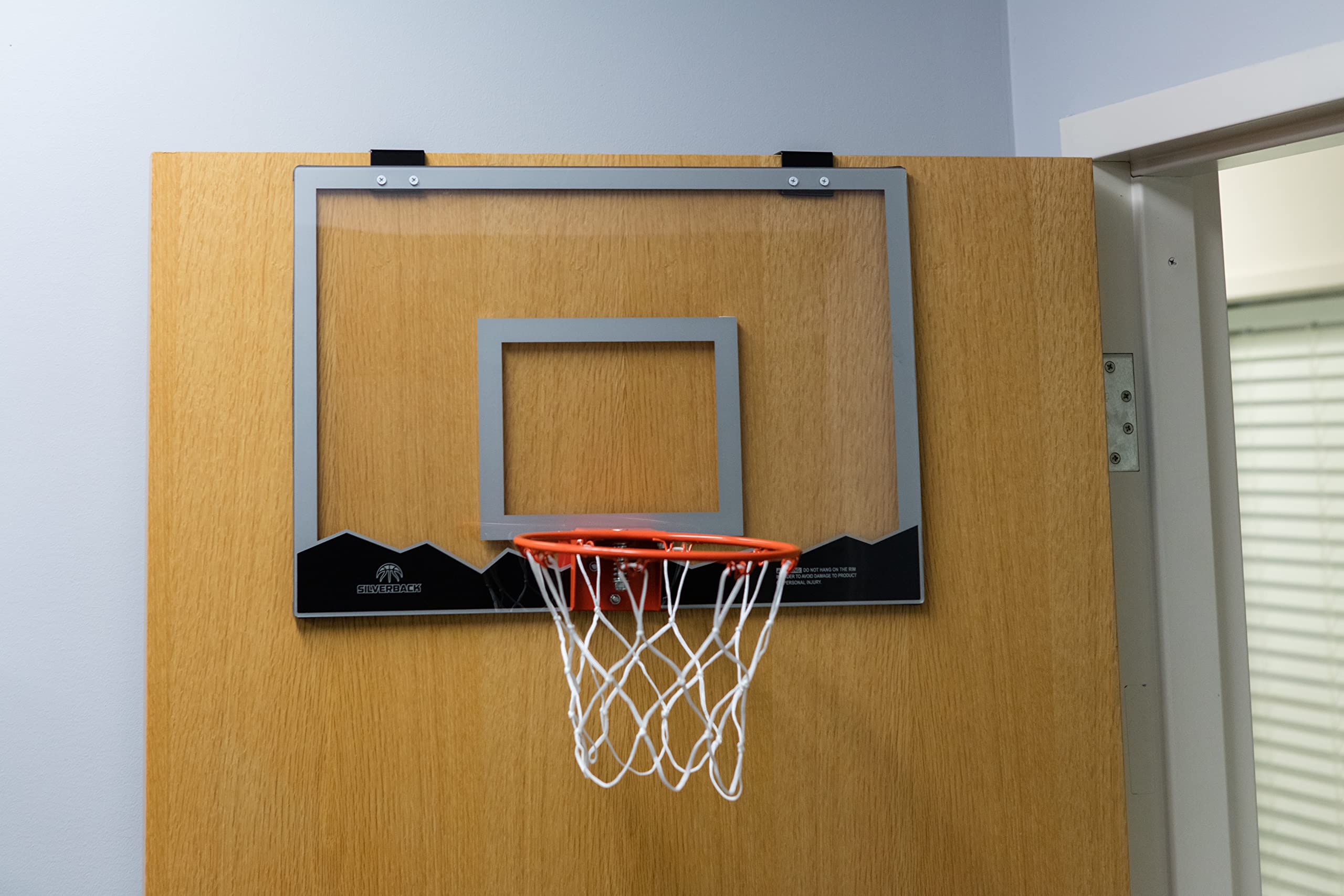 18" Silverback Over the Door Mini Basketball Hoop Set with Shatterproof Backboard Perfect for Home or Office
