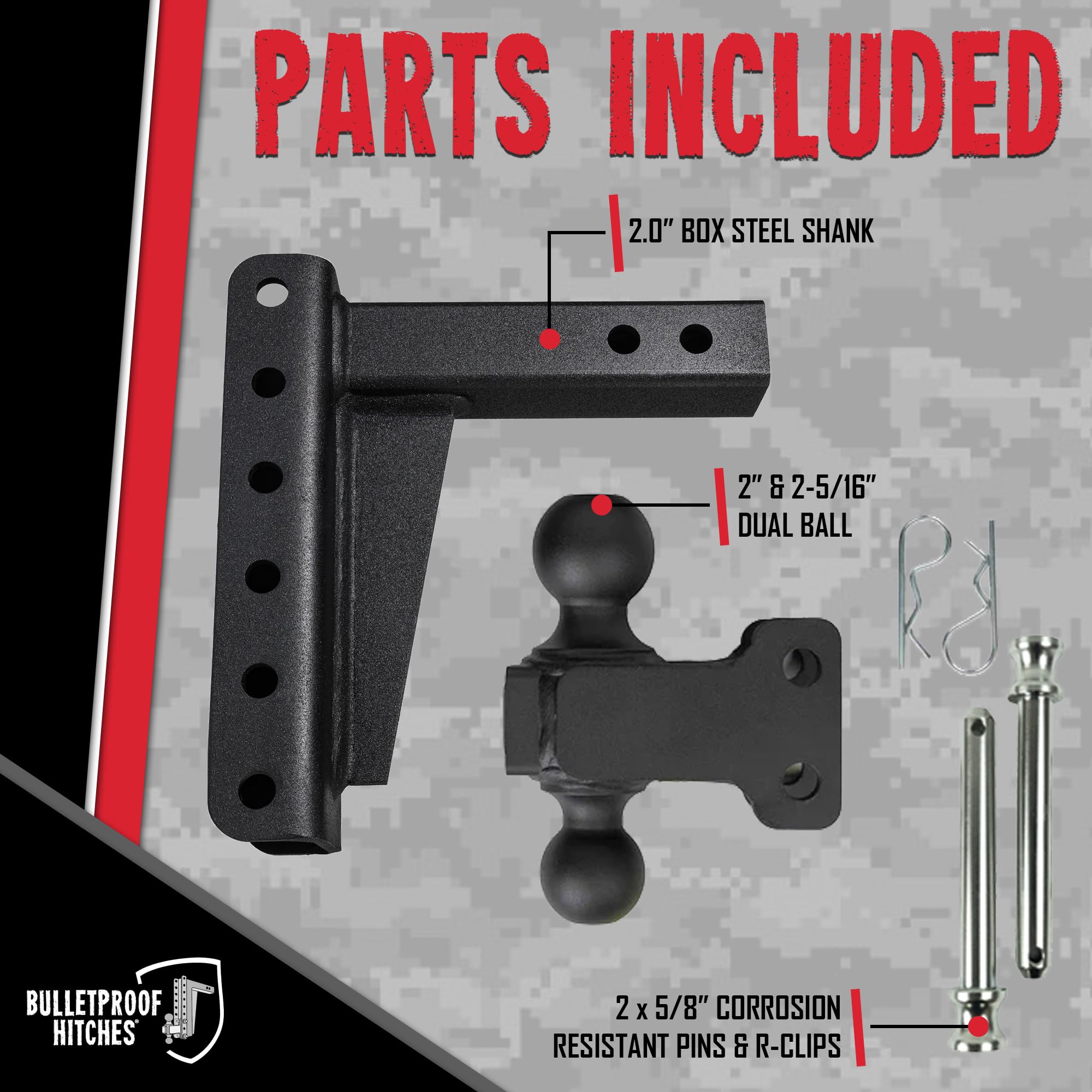 2.0" BulletProof Hitches Adjustable Medium Duty Trailer Hitch (14,000 lb. Rating) - 6" Drop/Rise Trailer Hitch with 2" & 2-5/16" Dual Ball - Powder Coat, Box Steel, Corrosion-Resistant