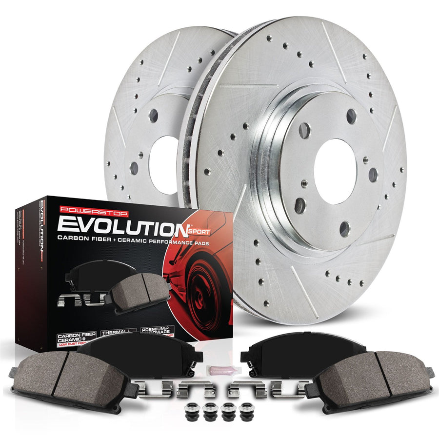 Power Stop K1697 Z23 Carbon Fiber Brake Pads with Drilled & Slotted Brake Rotors Kit and 2 Front Sensor Wires