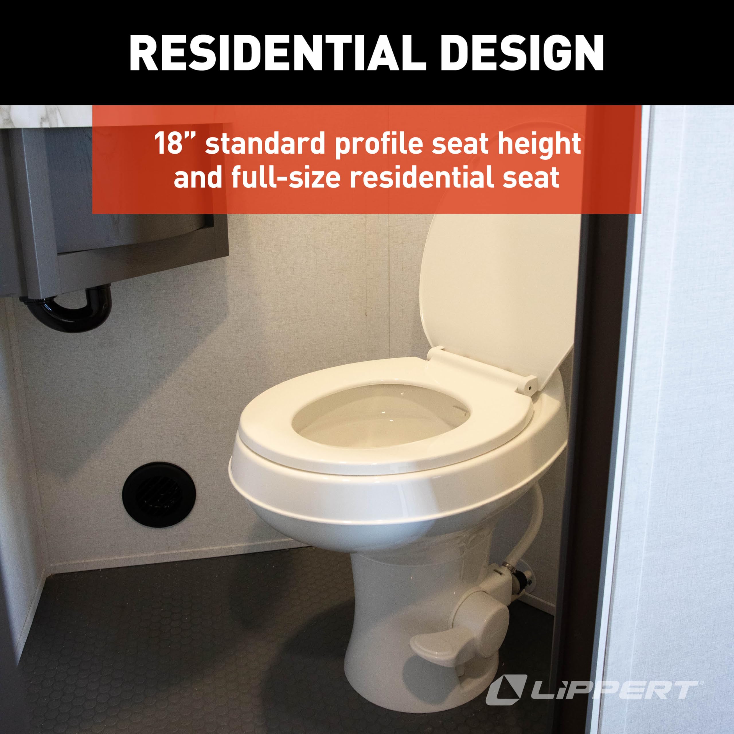 RV Camper Toilet Flow Max White with Round Plastic Bowl, 18" Standard Profile, Full-Size Residential Seat, Soft-Close Lid, Efficient Flush - 2024030310