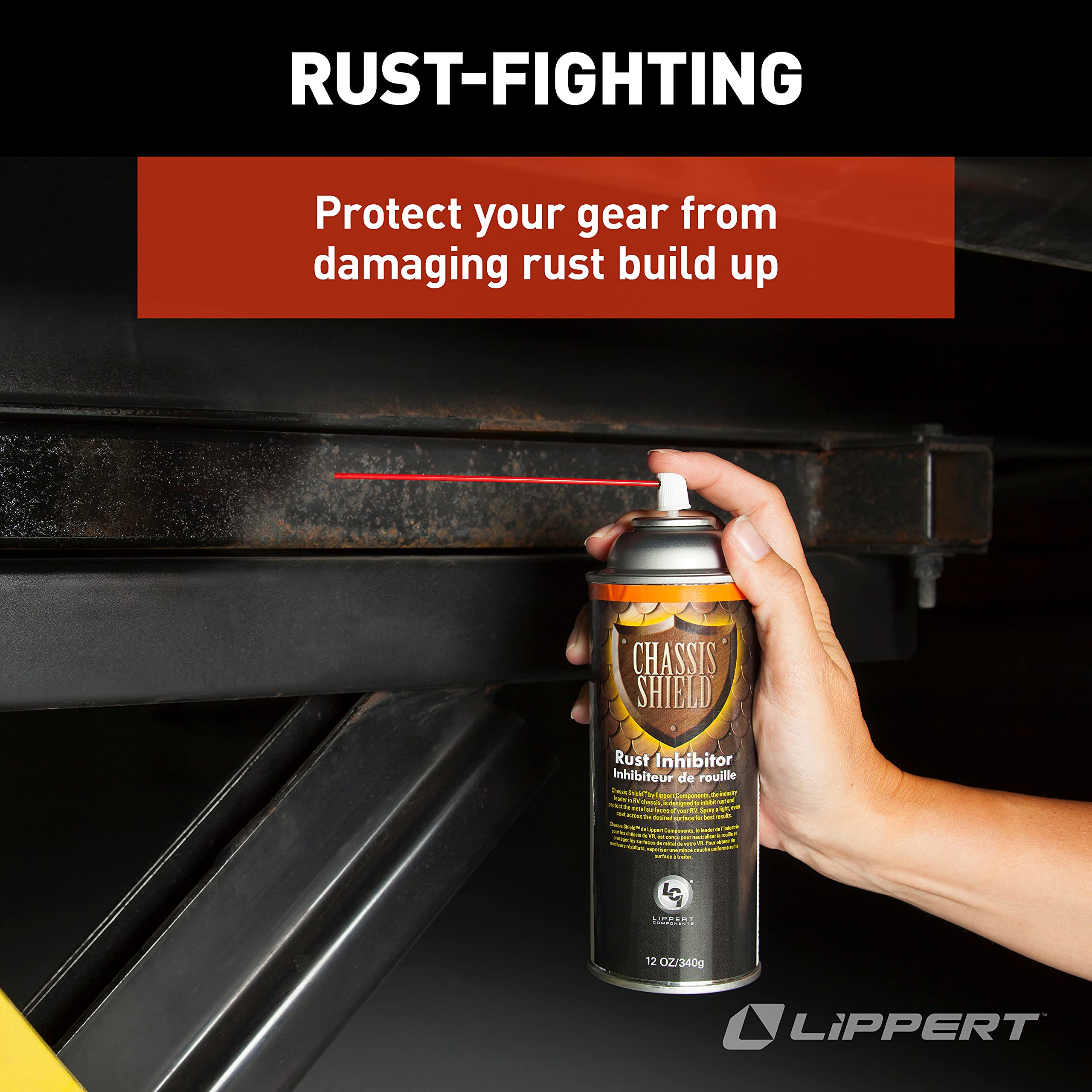 Chassis Shield Lippert 674806 Rust Inhibiting Spray for 5th Wheel RVs, Travel Trailers and Motorhomes, 12 Oz.