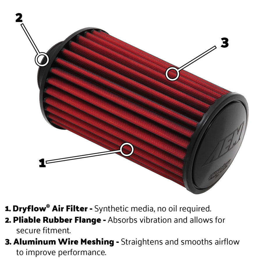 AEM 21-2047BF Clamp-On Universal DryFlow Air Filter: Round Tapered; 3.5 in (89 mm) Flange ID; 7 in (178 mm) Height; 5.25 in (133 mm) Base; 4.75 in (121 mm) Top