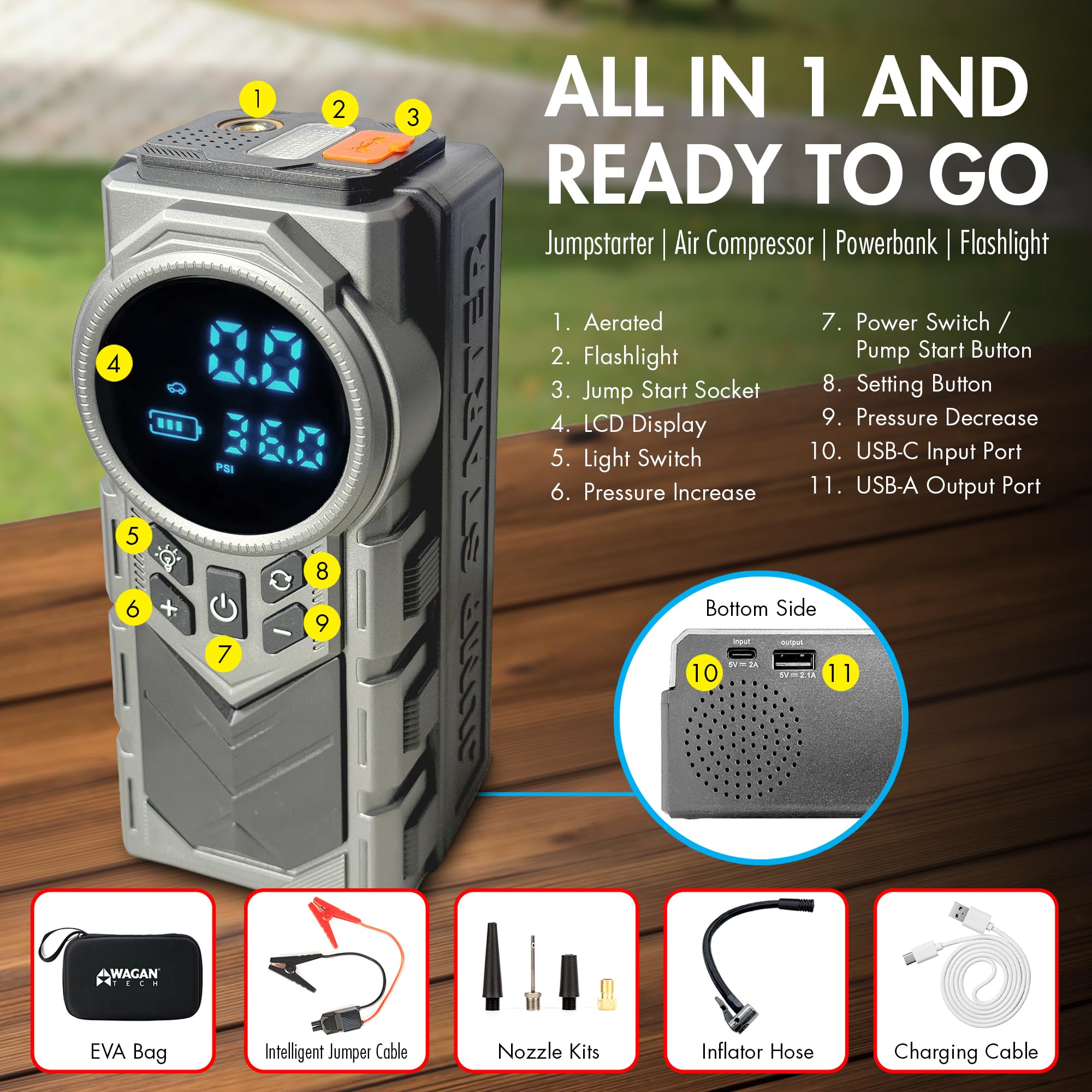 Wagan iOnBoost V10 Air Jump Starter with Tire Inflator Portable 1500A Peak 12V Lithium Car Battery Booster with 150PSI Air Compressor LCD Pressure Display Built-in LED Light UL Certified