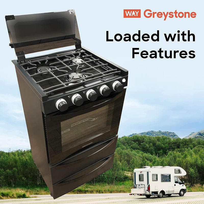 12 Volt RV Gas Range and Cooktop, Greystone Stove and Oven Combo, 21 Inch, LP Gas, Black