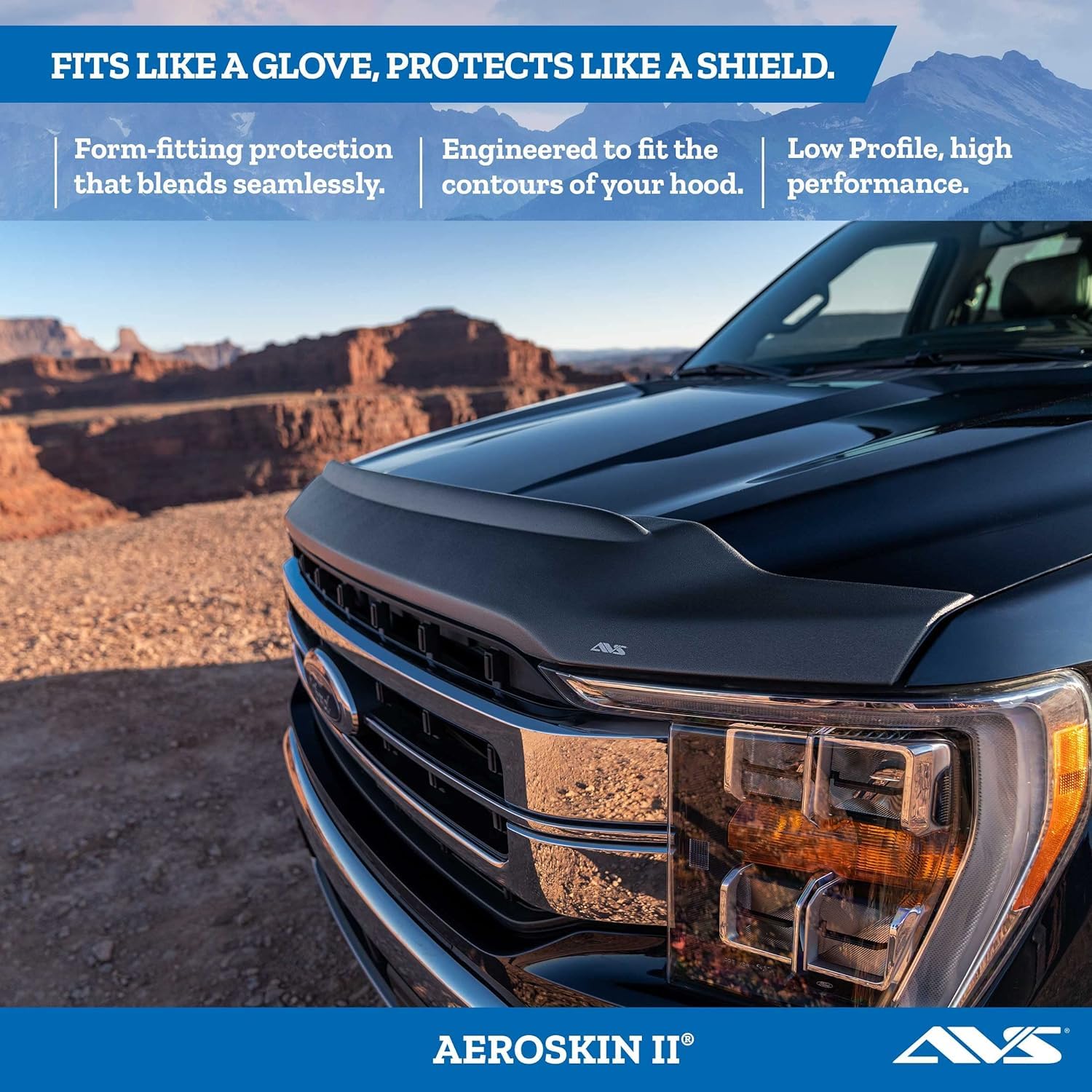 AVS Aeroskin II Hood Protector | Auto Ventshade Fits 2019-2023 Ford Ranger | Low Profile Deflector/Bug Shield - 1 pc., Textured Black | 436166