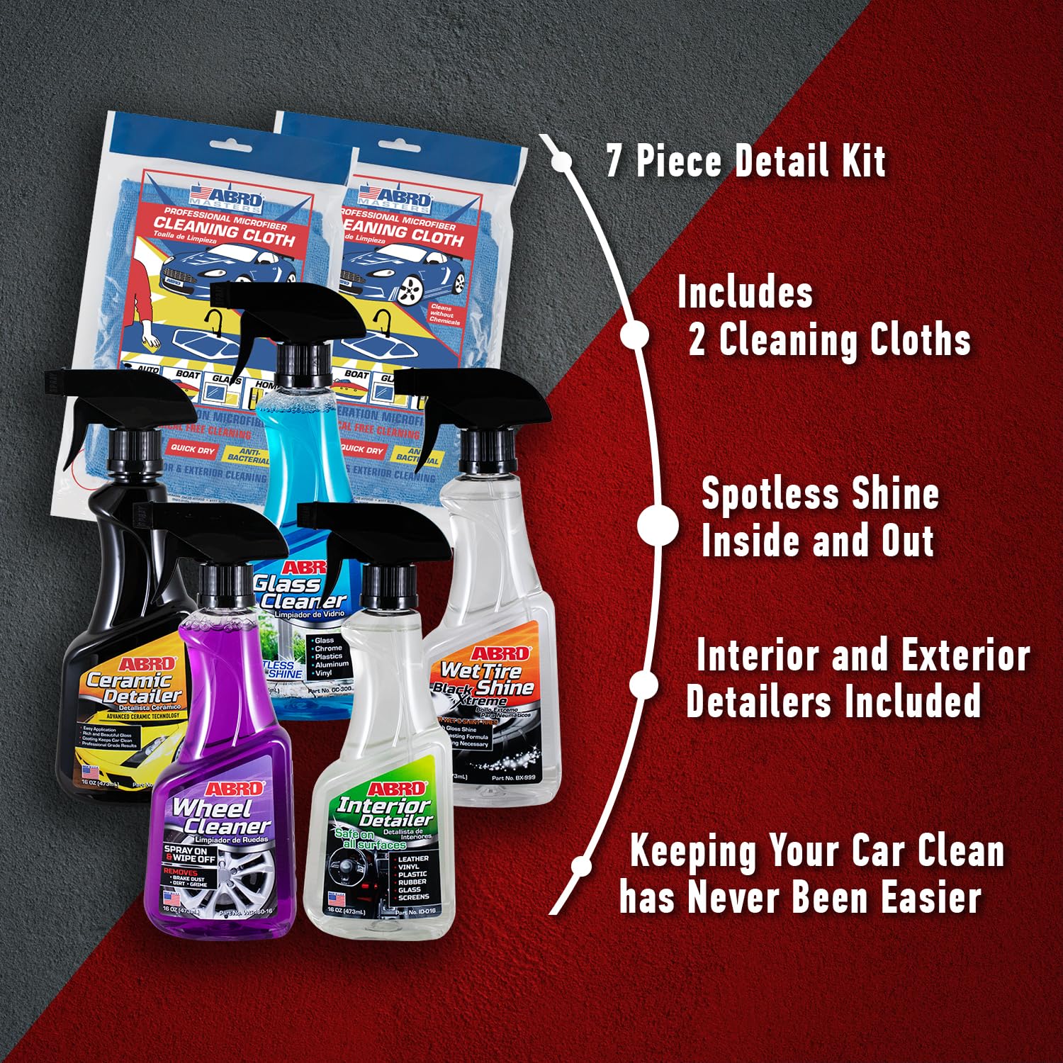 ABRO Car Detailing Kit Professional Grade, Includes Streak Free Glass Cleaner, Wheel Cleaner, 2 Mircofiber Cleaning Towels, Interior & Exterior Wash