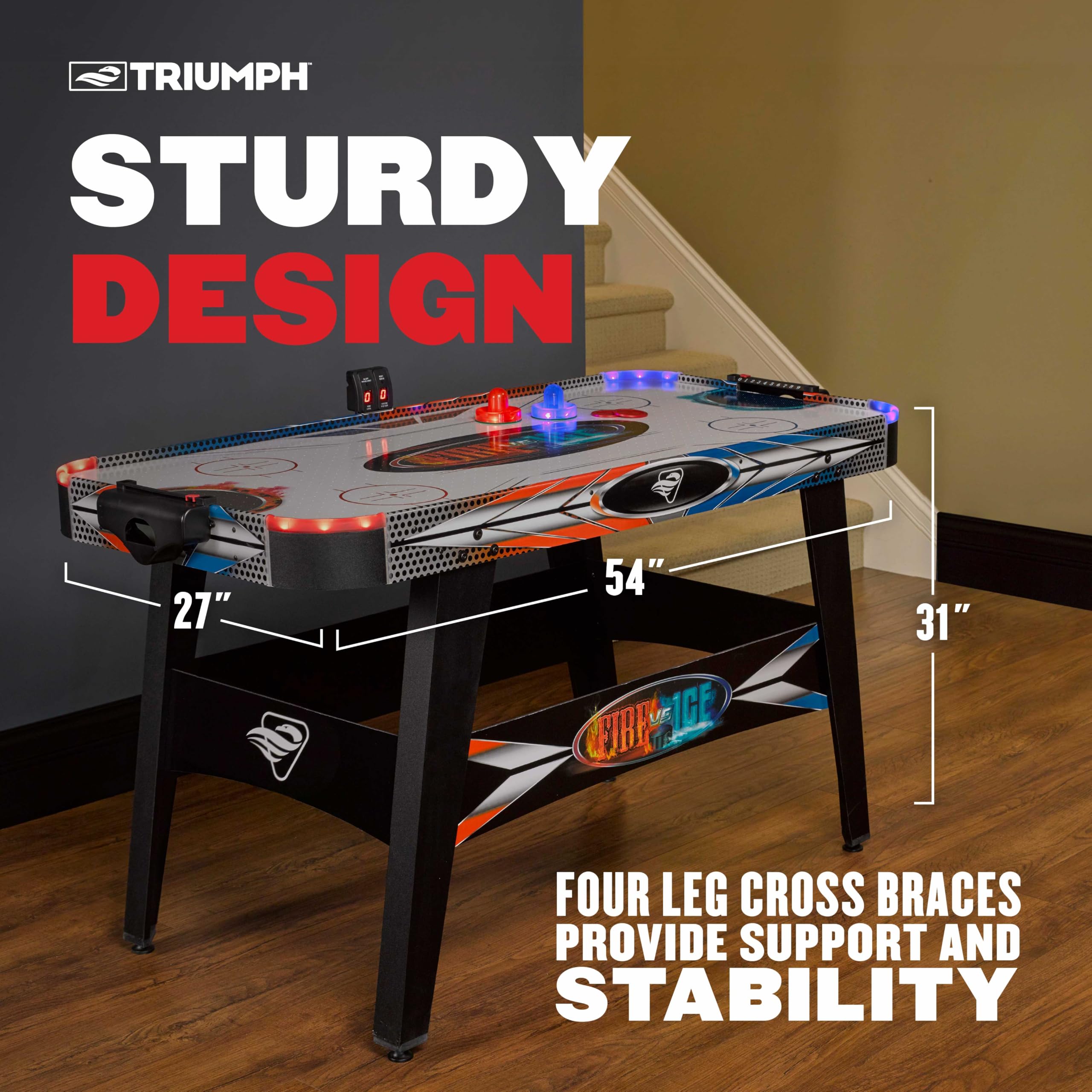 Triumph Sports 54" Fire ‘n Ice LED Light-Up Air Hockey Table Includes 2 LED Hockey Pushers and LED Puck