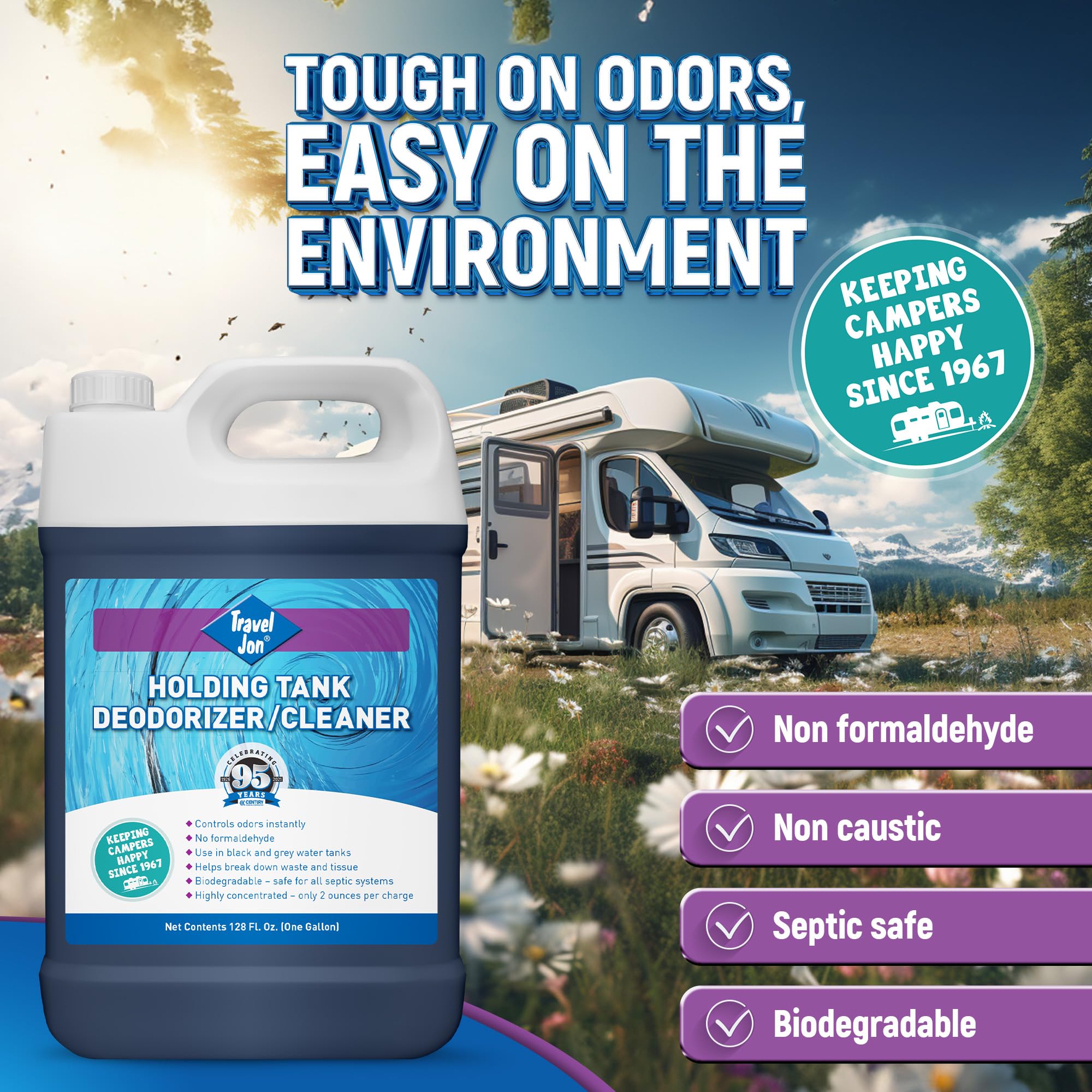 RV Toilet Treatment - Travel Jon, Black & Grey Water Tank Treatment, Powerful Deodorizer/Waste Digester - Tank Odor Eliminator, Breaks Down Sludge, Tissue | Fresh Scent (1 Gallon)