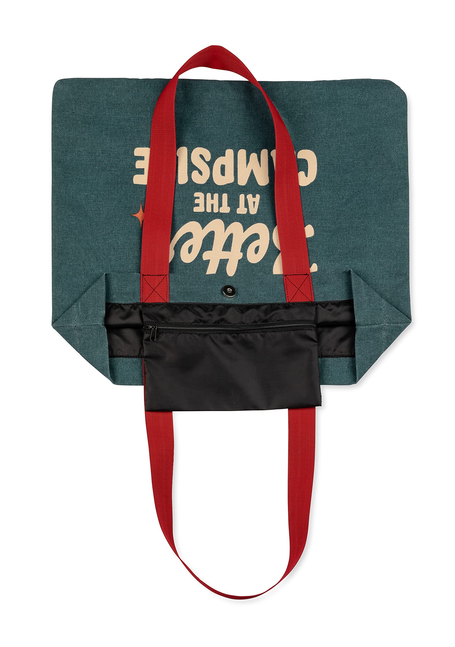 Camco Tote Bag Life is Better at The Campsite | Perfect for Groceries, Shopping or as a Purse | Gray/Blue Bag with Red Retro Stars & Large, Tan Life is Better at The Campsite Text (53481)