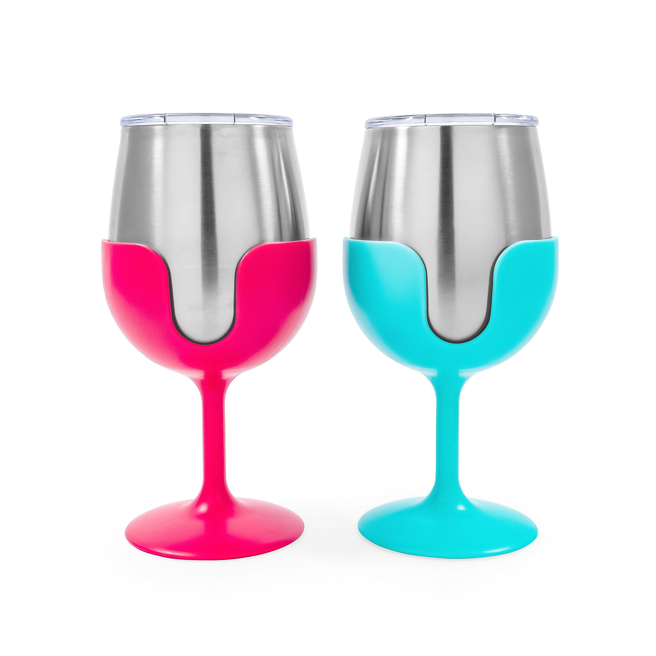 8 oz Wine Tumbler Camco Life is Better at The Campsite 2 Pack - Heavy Duty Double Wall Vacuum Insulation - Crafted of 18/8 Stainless Steel - Features Removable Blue & Pink Stems (51915)