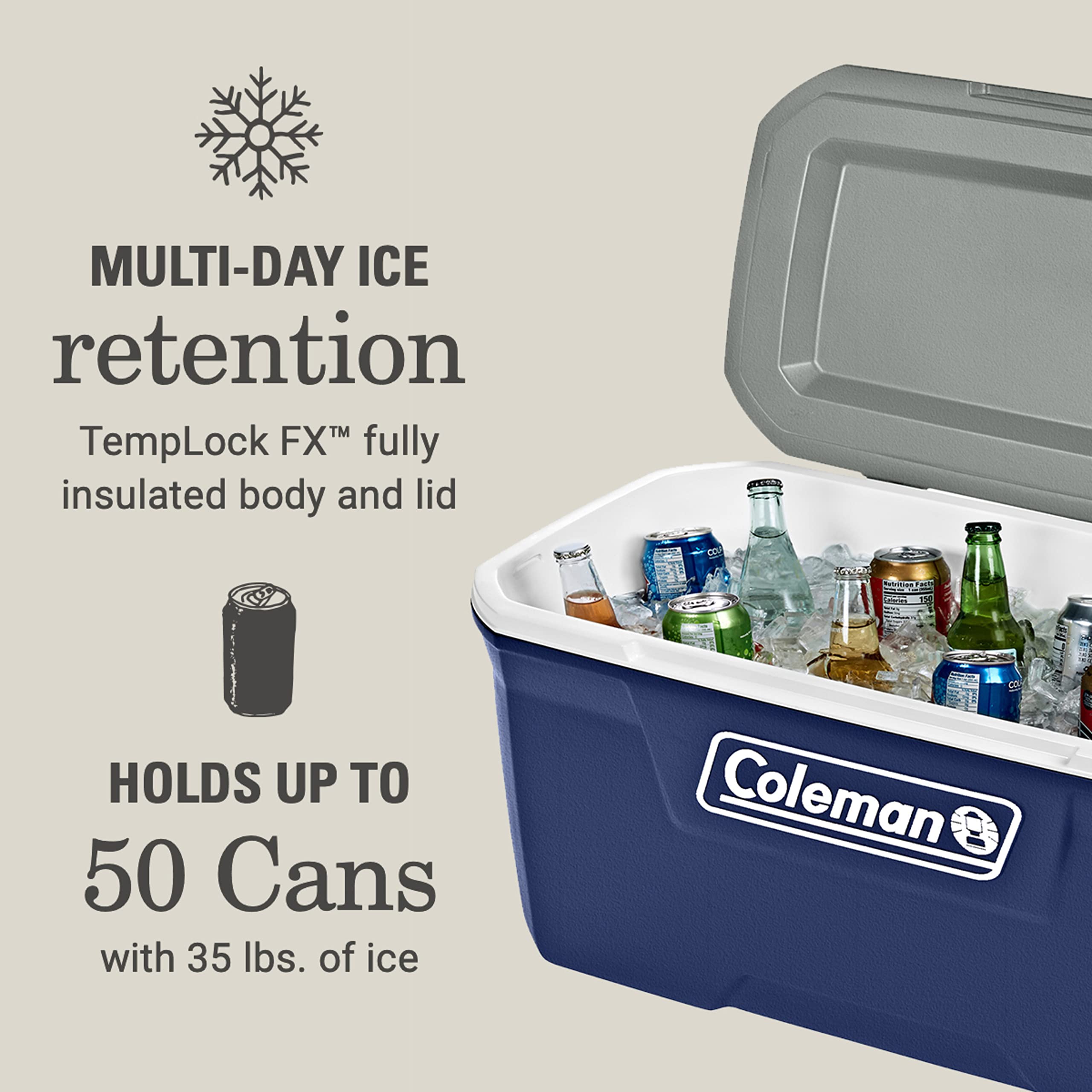 Coleman Insulated Classic Series Portable Cooler, Leak-Resistant Outdoor Hard Cooler Keeps Ice up to 5 Days, 52/70/120/150 Quart