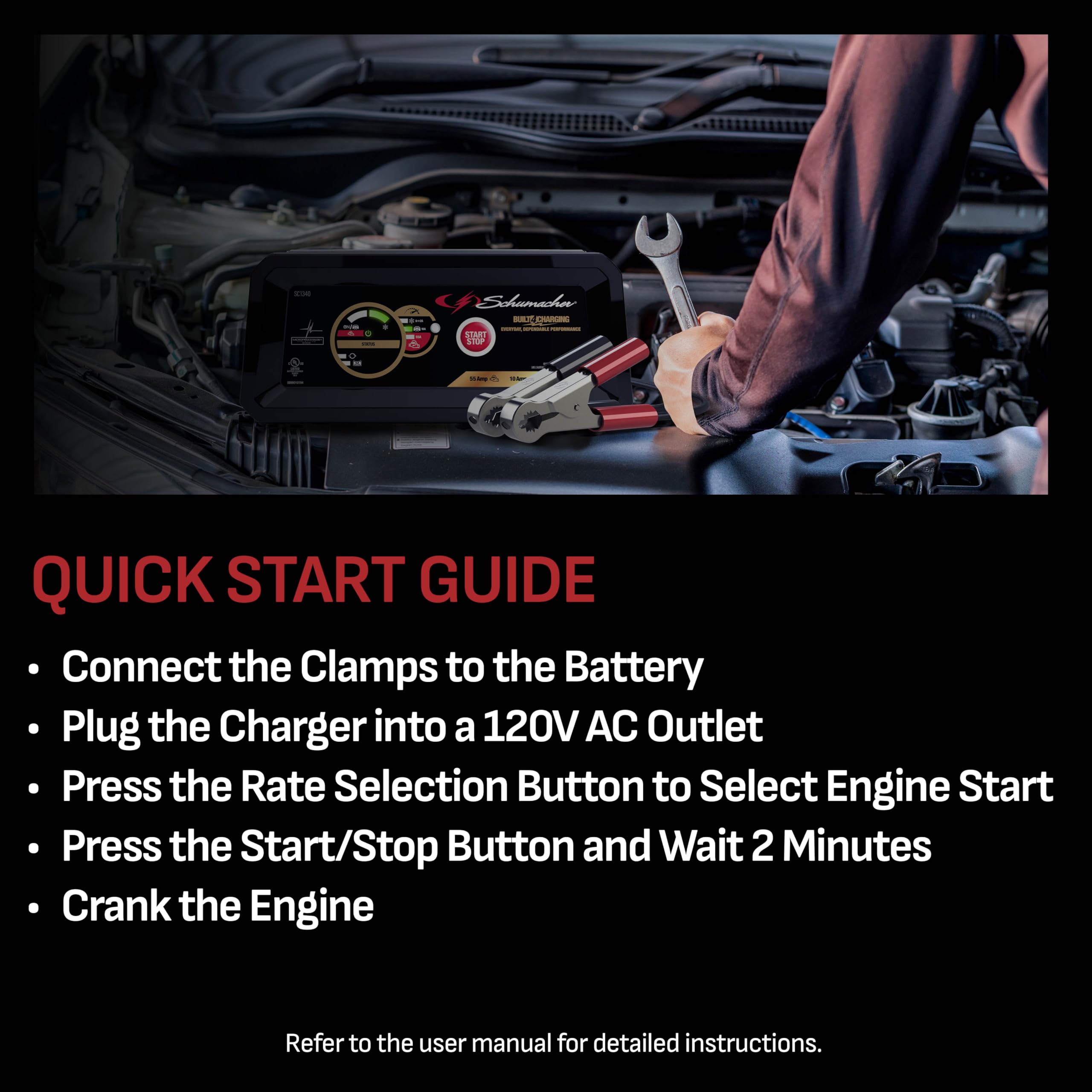 6A Schumacher Electric Car Battery Charger and 55A Engine Starter, 4-in-1 Solution, Maintainer, 10A Boost, for 6V/12V Power Sport, Automotive, and Marine Batteries, SC1340