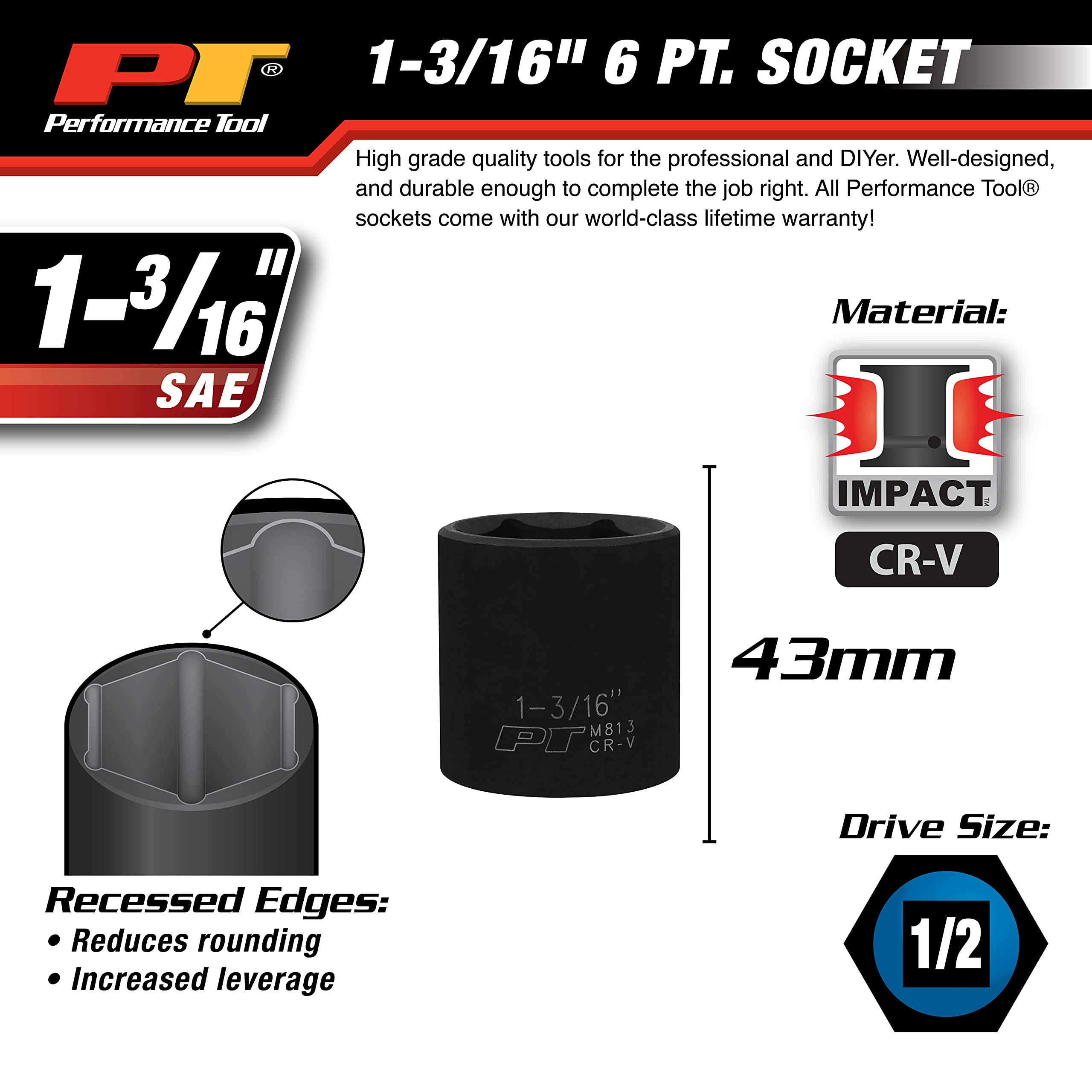 1/2 Drive Performance Tool M813 1-3/16 6-Point Impact Socket - Heavy-Duty Socket for High-Torque Applications and Industrial Use