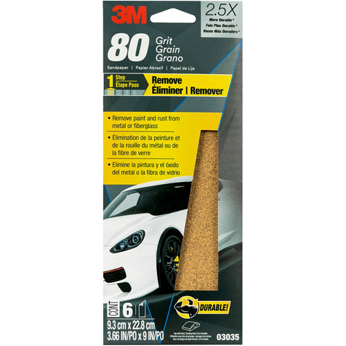 3M Sandpaper, 80 Grit, 03035, 3 2/3 in x 9 in, 6 Sheets