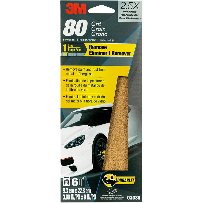 3M Sandpaper, 80 Grit, 03035, 3 2/3 in x 9 in, 6 Sheets