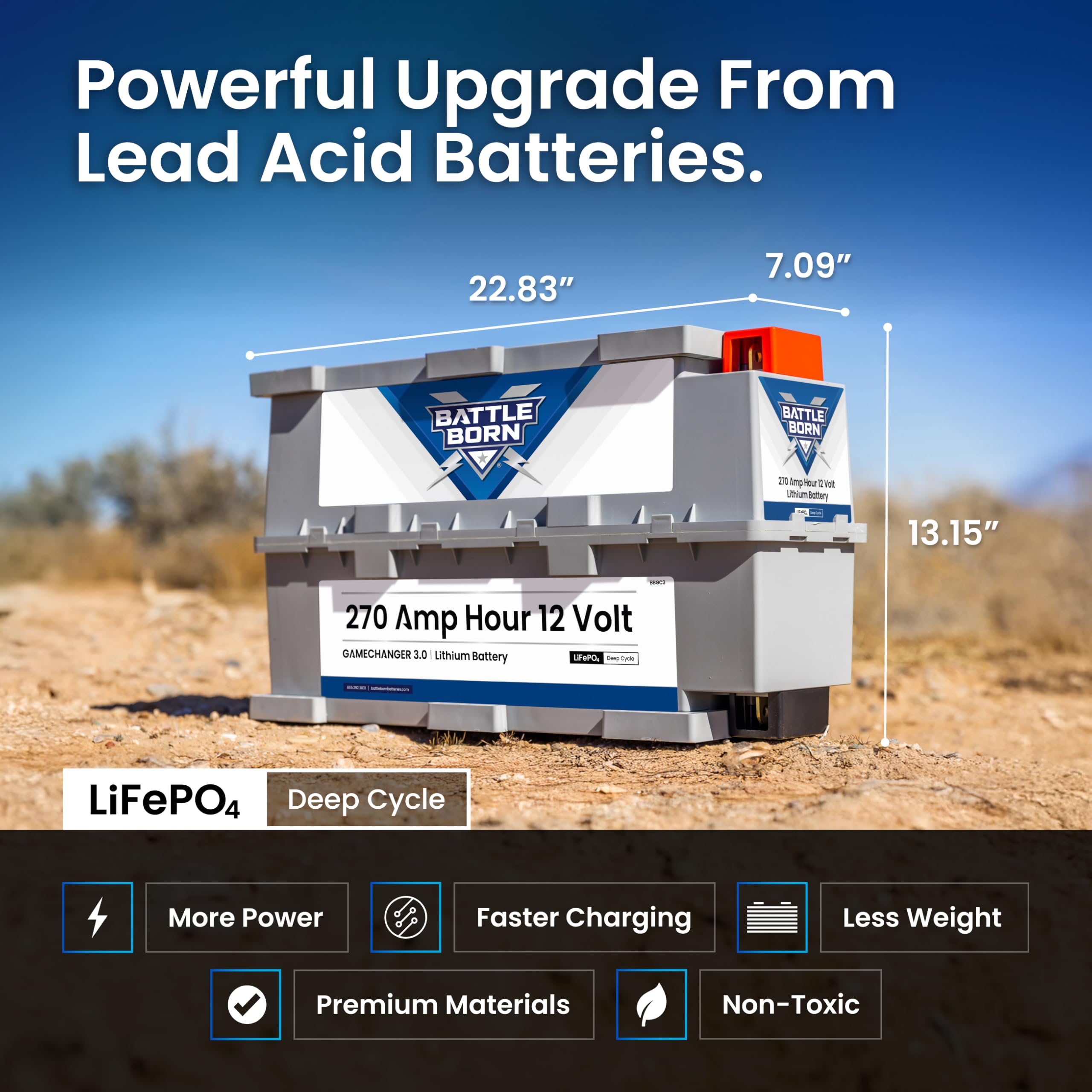 12V Lithium-Ion (LiFePO4) 270Ah RV, Van, Marine, Solar, & Off Grid Battery - Internal BMS, High & Low Temperature Protection - Battle Born Batteries