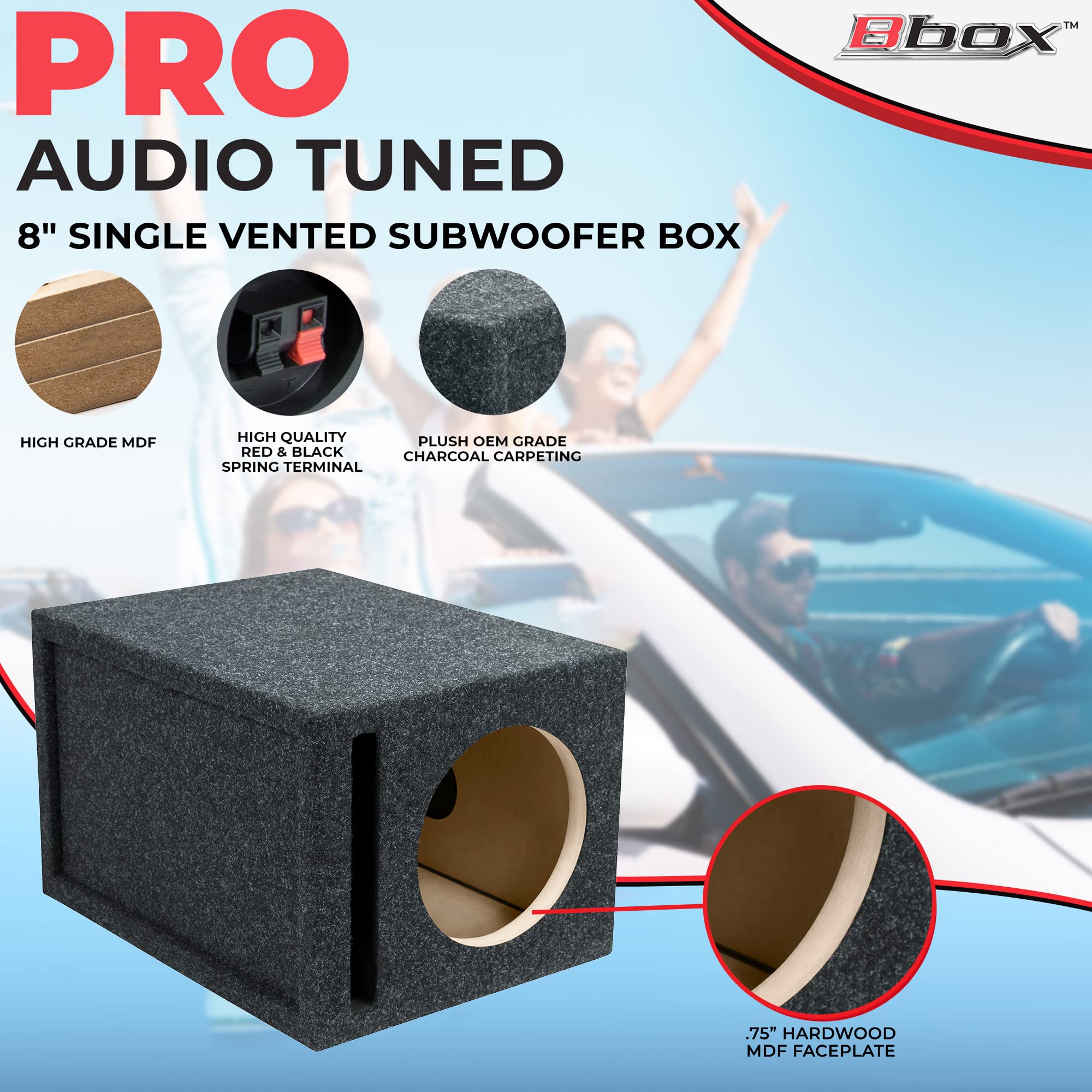 Atrend 8 inch Car Subwoofer Speaker Box Vented Enclosure Carpeted - Improves Audio Quality, Sound and Bass - High Grade MDF Construction with Nickel Finish Speaker Terminal - Black
