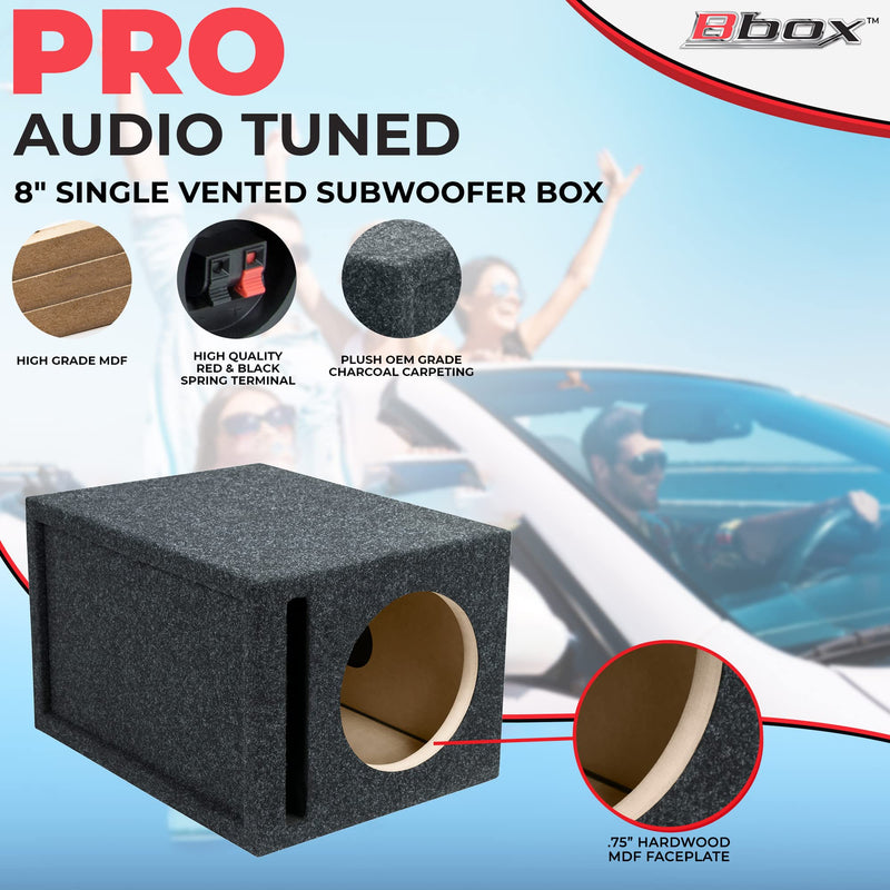 Atrend 8 inch Car Subwoofer Speaker Box Vented Enclosure Carpeted - Improves Audio Quality, Sound and Bass - High Grade MDF Construction with Nickel Finish Speaker Terminal - Black