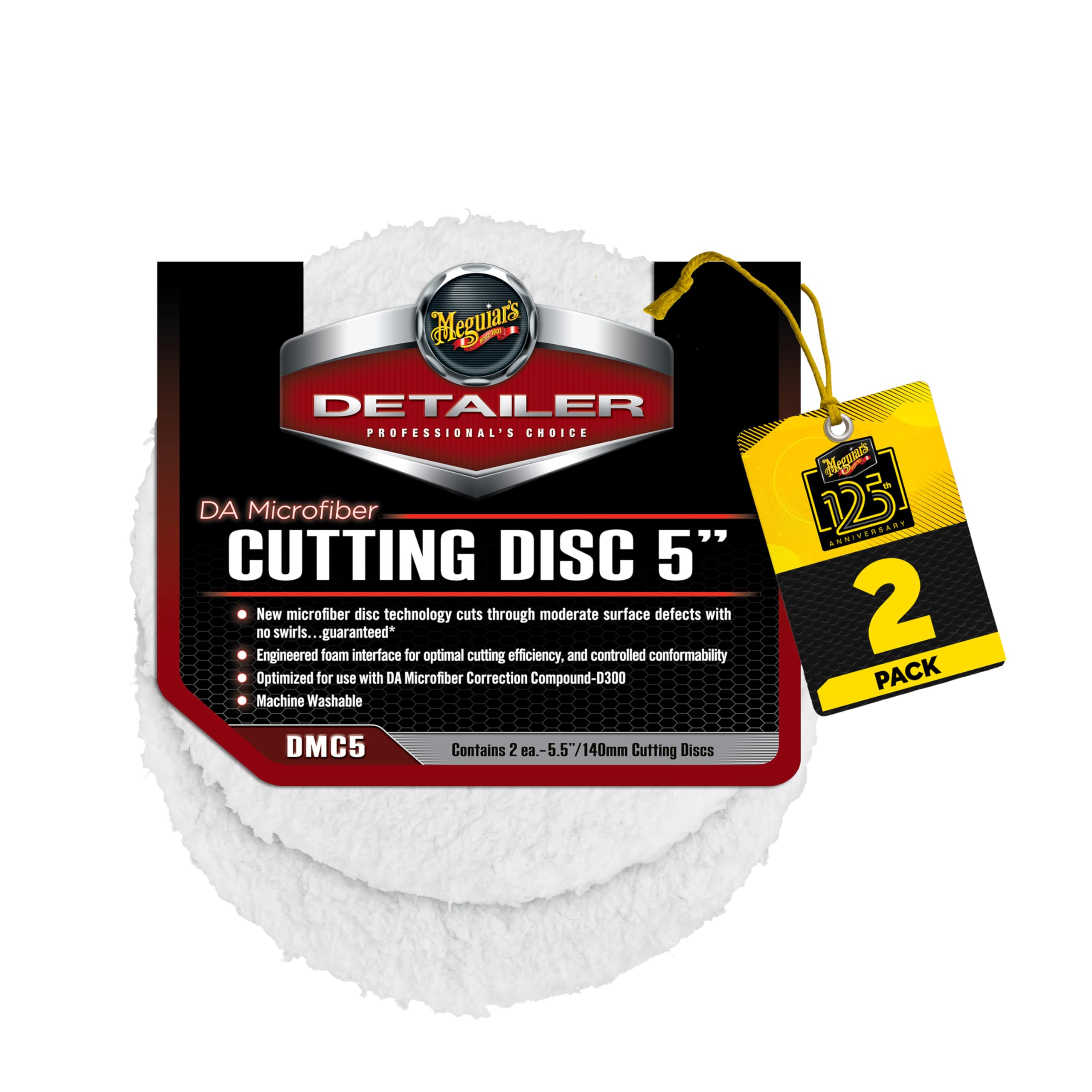 Meguiar's 5’’ DA Microfiber Cutting Disc, Microfiber Pads Compatible with a DA Polisher for Car Detailing, That Removes Moderate Scratches, Swirls, and Paint Defects, 2 Pack