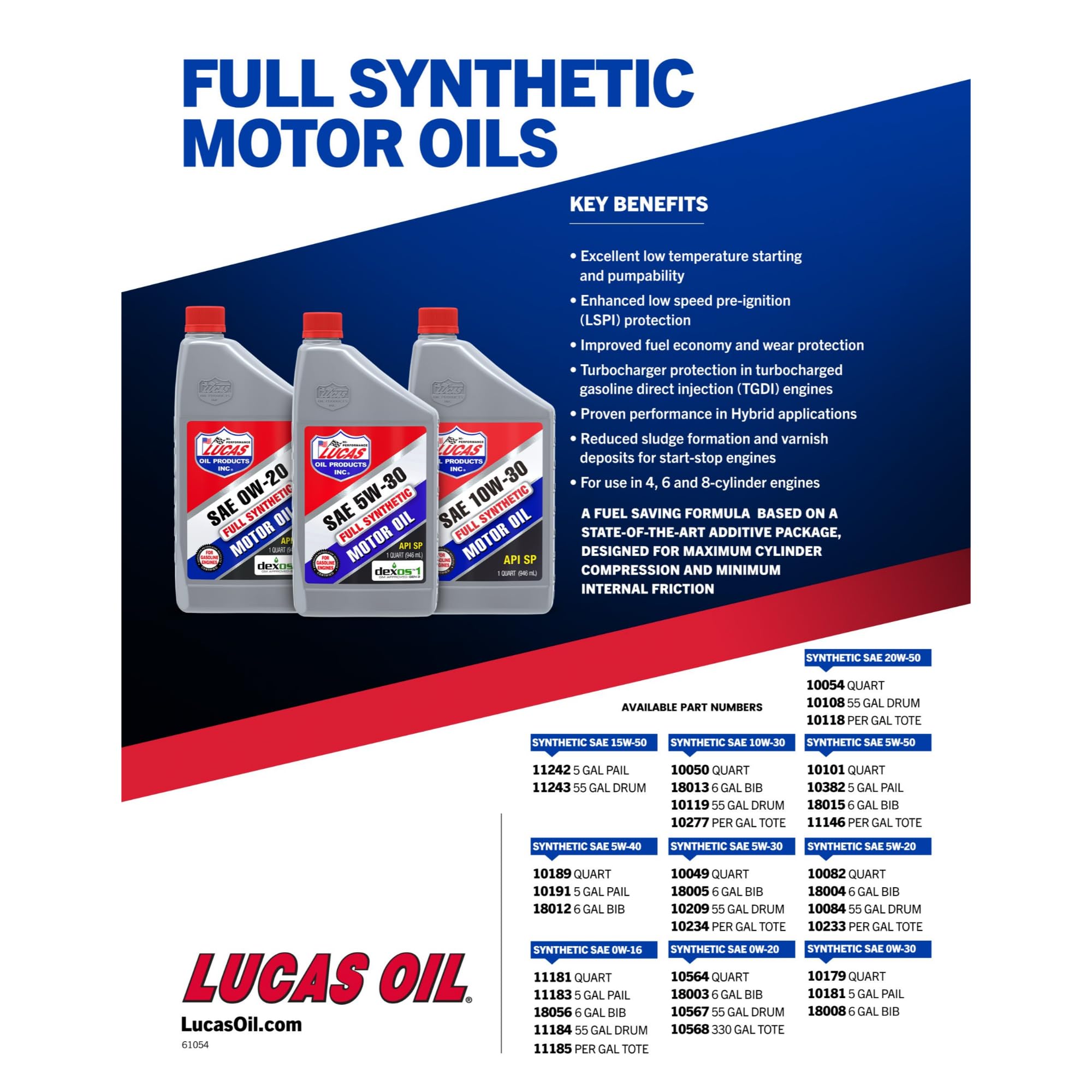 Synthetic SAE 10W-30 Lucas Oil Motor Oil API SP - 1 Quart
