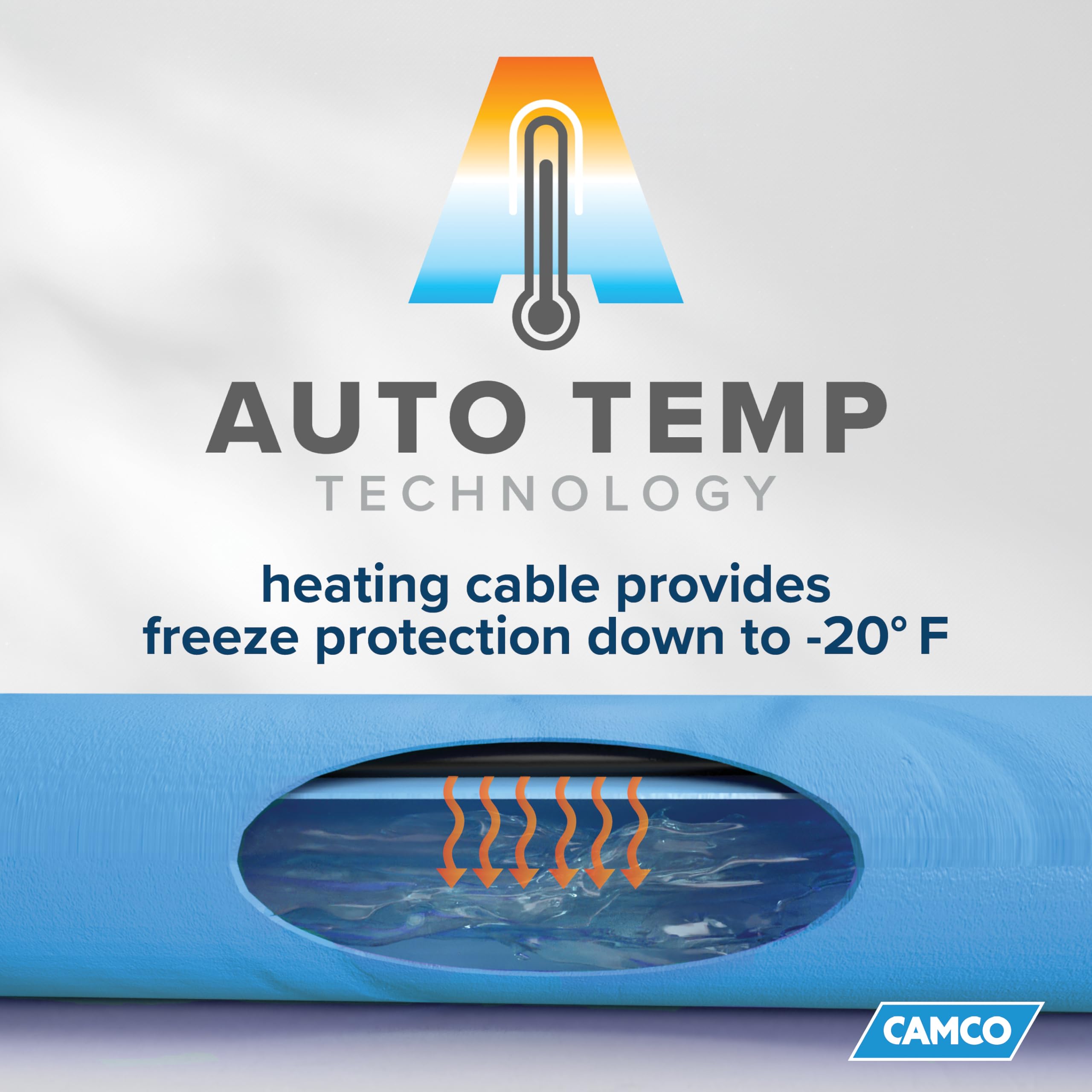 12-Ft Camco Heated Water Hose for RV - Water Line Freeze Protection Down to -20°F/-28°C - Features Energy-Saving Thermostat & Includes Adapter for Connection to Either End of Hose (22910)