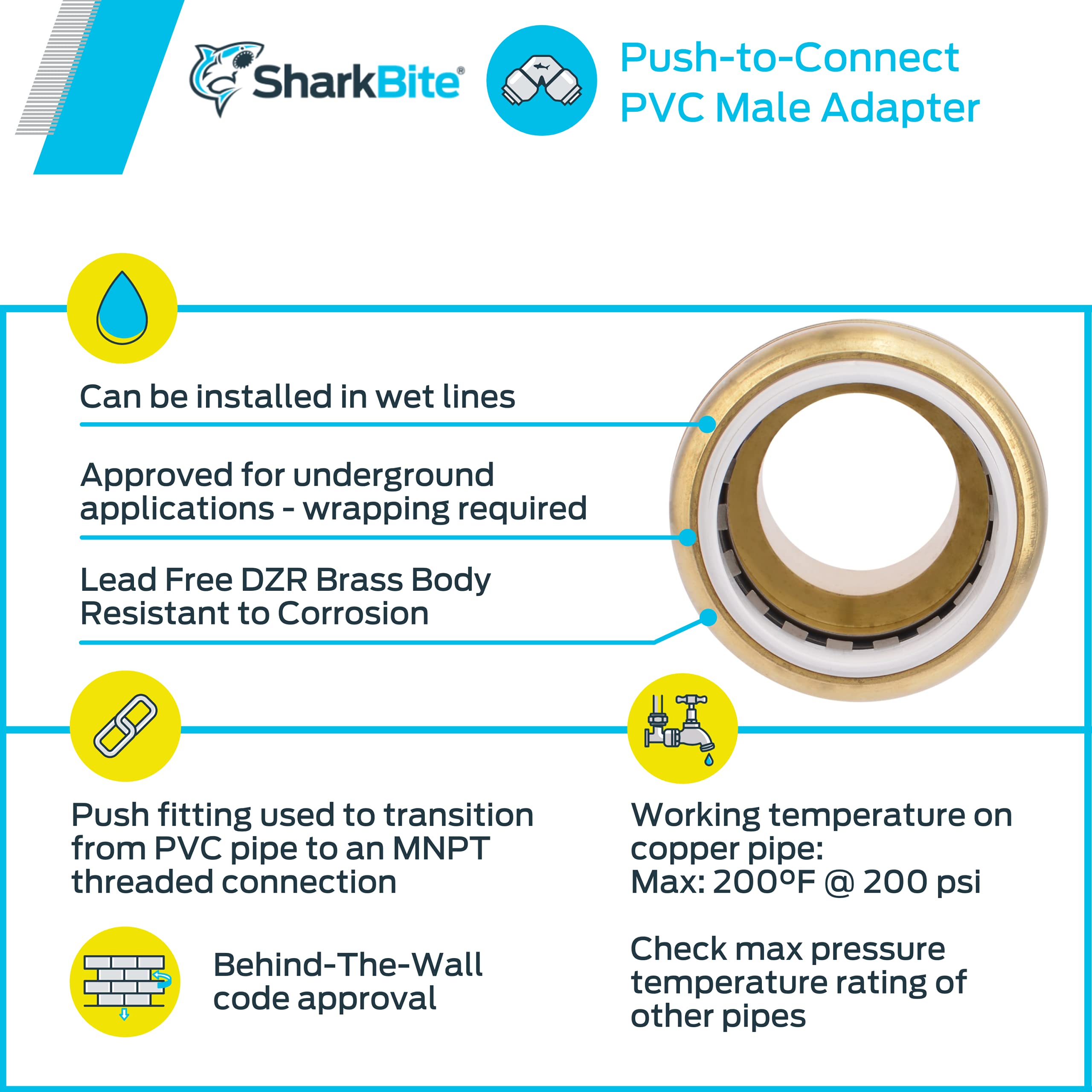 1 Inch SharkBite PVC x 1 Inch MNPT Adapter, Push to Connect Brass Plumbing Fitting, PEX Pipe, Copper, CPVC, PE-RT, HDPE, UIP140A