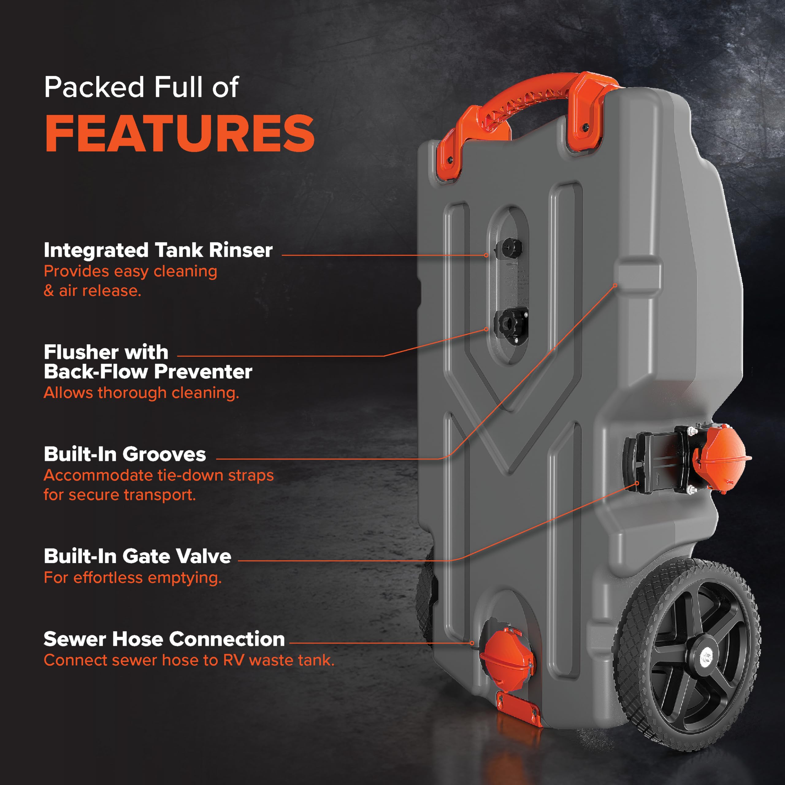 Camco 36-Gallon Rhino Camper/RV Tote Tank - Features Large Heavy-Duty No-Flat Wheels & Built-In Gate Valve - Removable Steel Tow Adapter, 3’ Sewer Hose & More RV Accessories (39006)