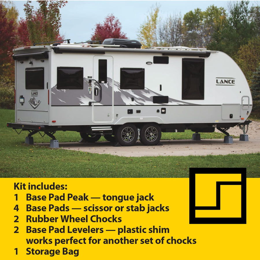 Stromberg Carlson Leveler Kit Travel Trailer - One Base Pad Peak for Tongue Jack, Two Rubber Wheel Chocks, Two Levelers for RV Campers, Two Anti-Slip Mats for Levelers, Four Base Pads and Storage Bag