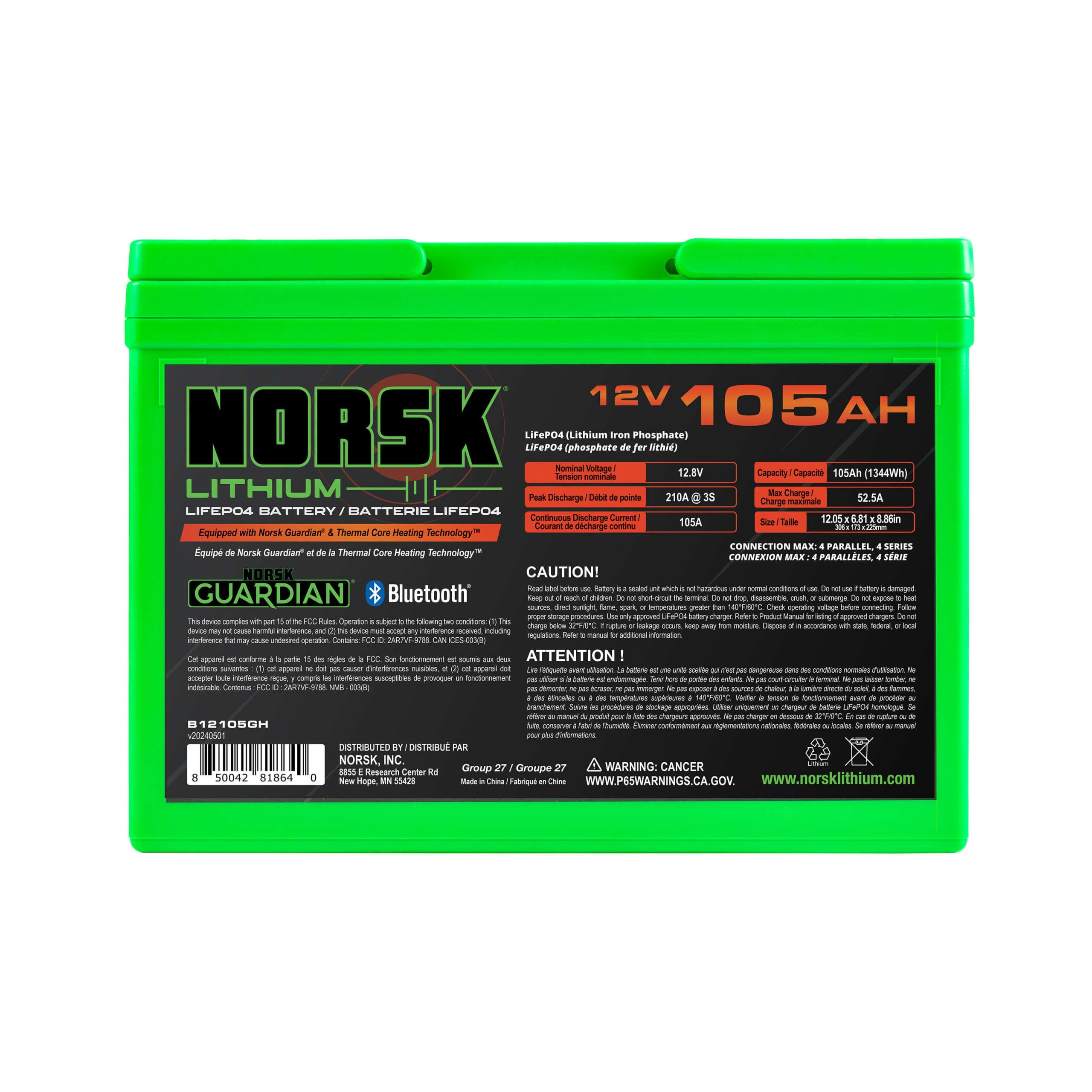 12V Norsk Lithium 105Ah Heated LiFEPO4 Deep Cycle Marine Lithium Battery | Bluetooth | Deep Sleep | IP67 Waterproof | Thermal Core Heating Technology | 10+2 Year Warranty