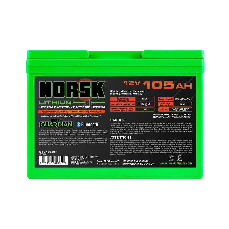 12V Norsk Lithium 105Ah Heated LiFEPO4 Deep Cycle Marine Lithium Battery | Bluetooth | Deep Sleep | IP67 Waterproof | Thermal Core Heating Technology | 10+2 Year Warranty