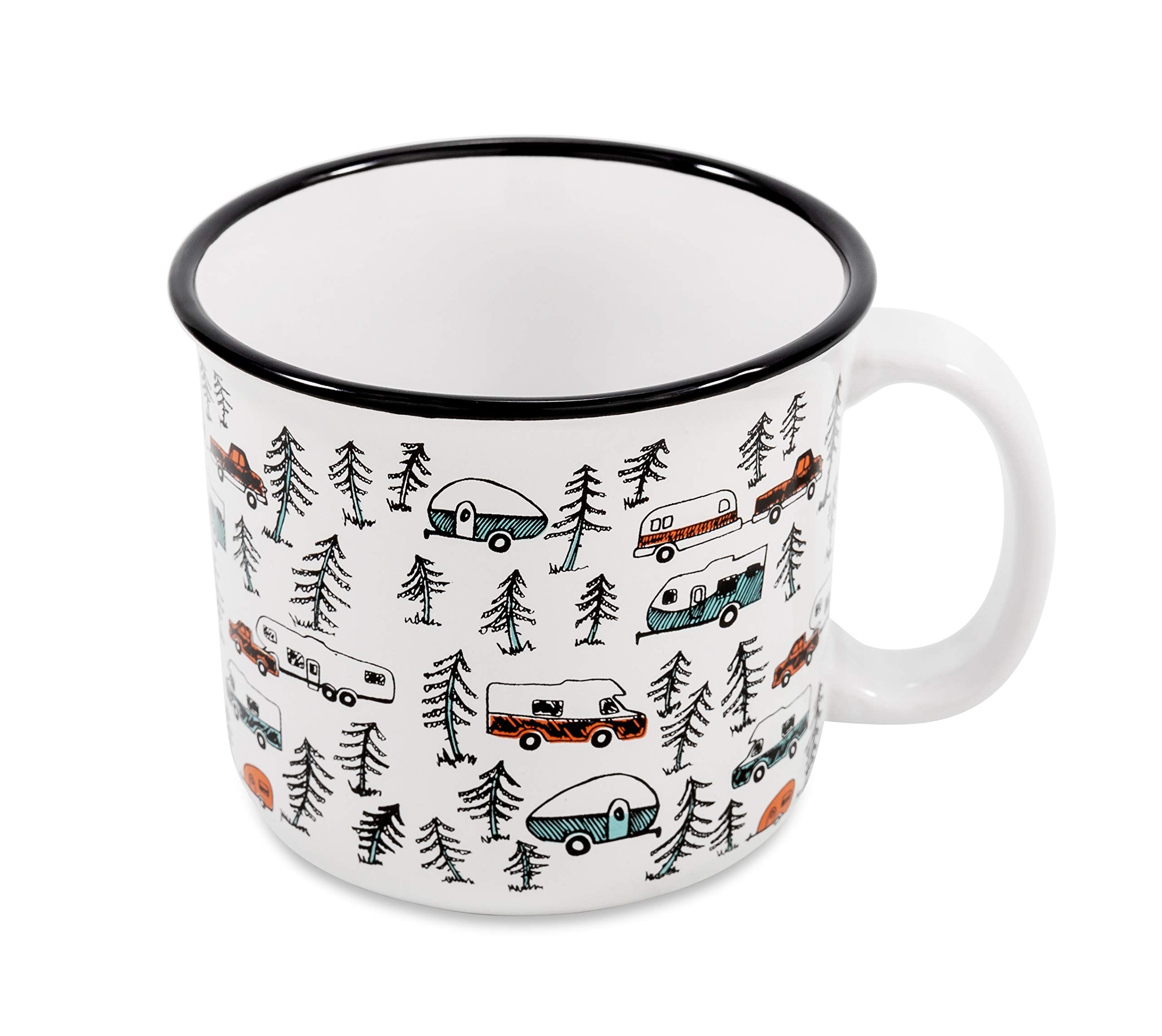 Camco Ceramic Coffee Mug is Better at The Campsite - Microwave and Dishwasher Safe - Features Sketched RVs Design - Coffee Cup Holds 14oz. (53383)