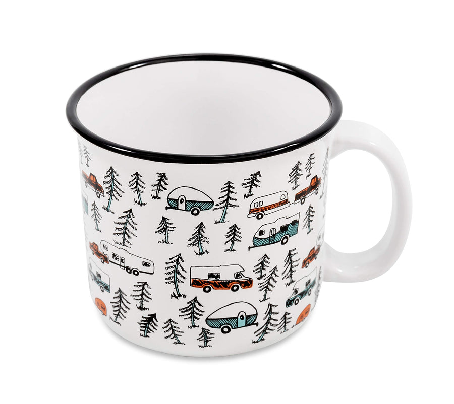 Camco Ceramic Coffee Mug is Better at The Campsite - Microwave and Dishwasher Safe - Features Sketched RVs Design - Coffee Cup Holds 14oz. (53383)