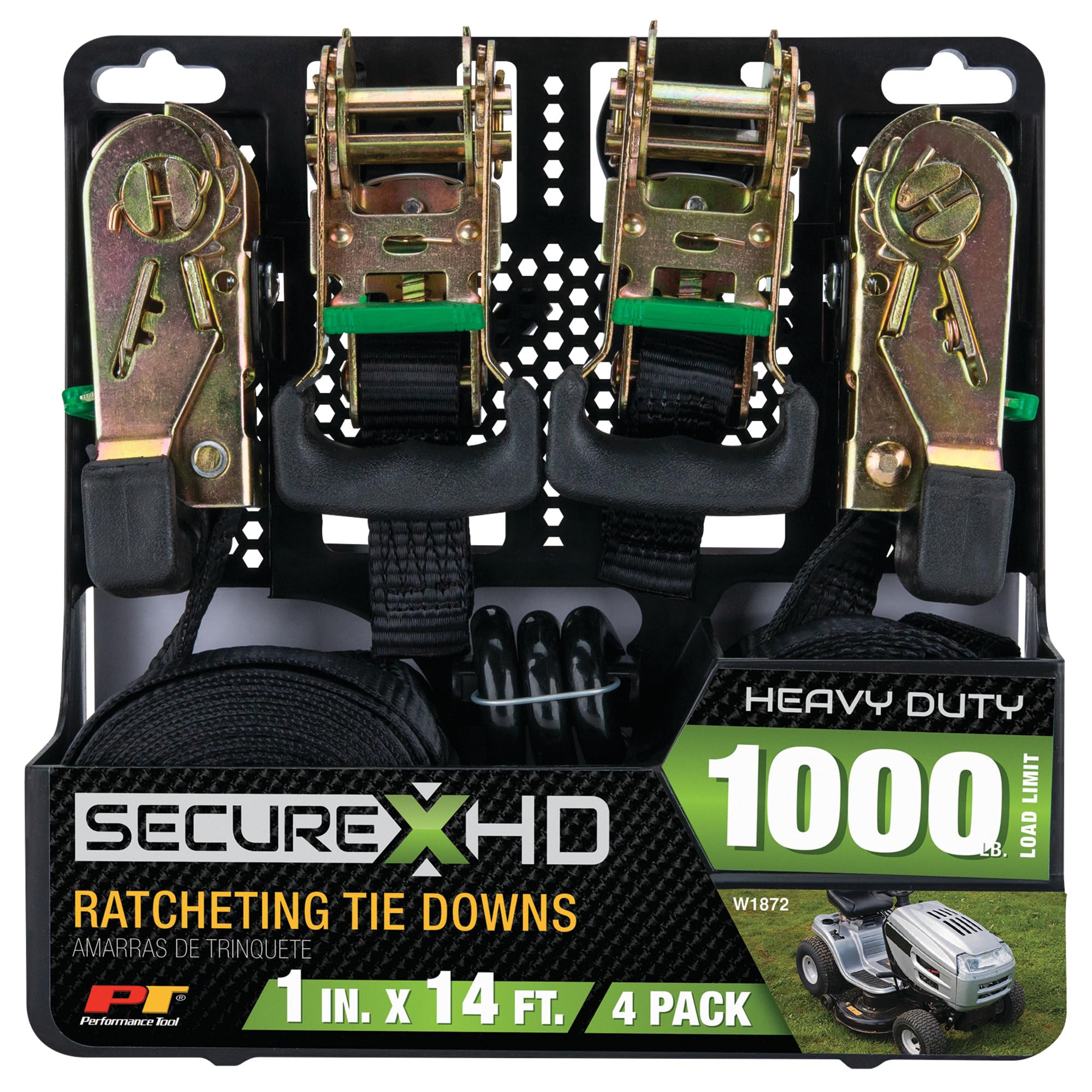 W1872 Performance Tool 4Pk 1-Inch X 14' Tie Down Straps SecureX - Heavy-Duty Ratchet Straps with S-Hooks for Cargo Control and Transportation Needs