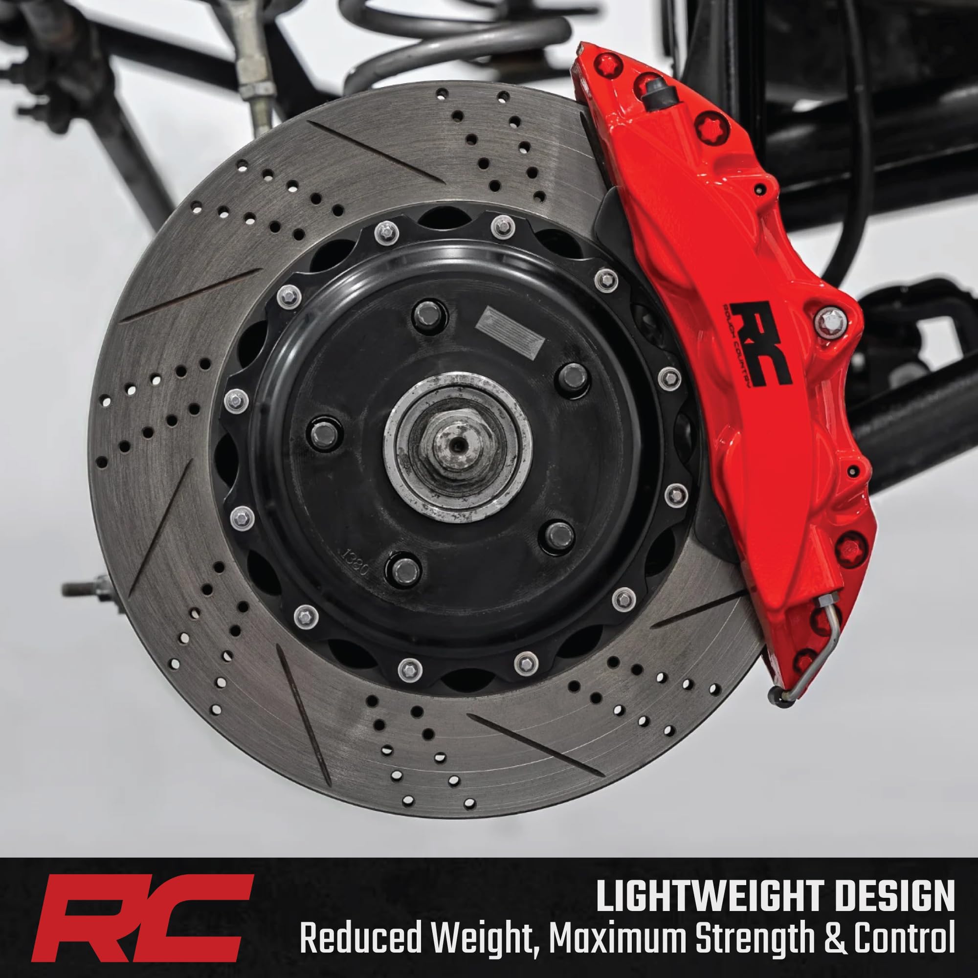 Rough Country Performance Front Brake Kit for Jeep Wrangler JL (2011-2018) - 6-Piston Calipers, Drilled & Slotted Rotors, Stainless Steel Lines, Heavy-Duty Upgrade