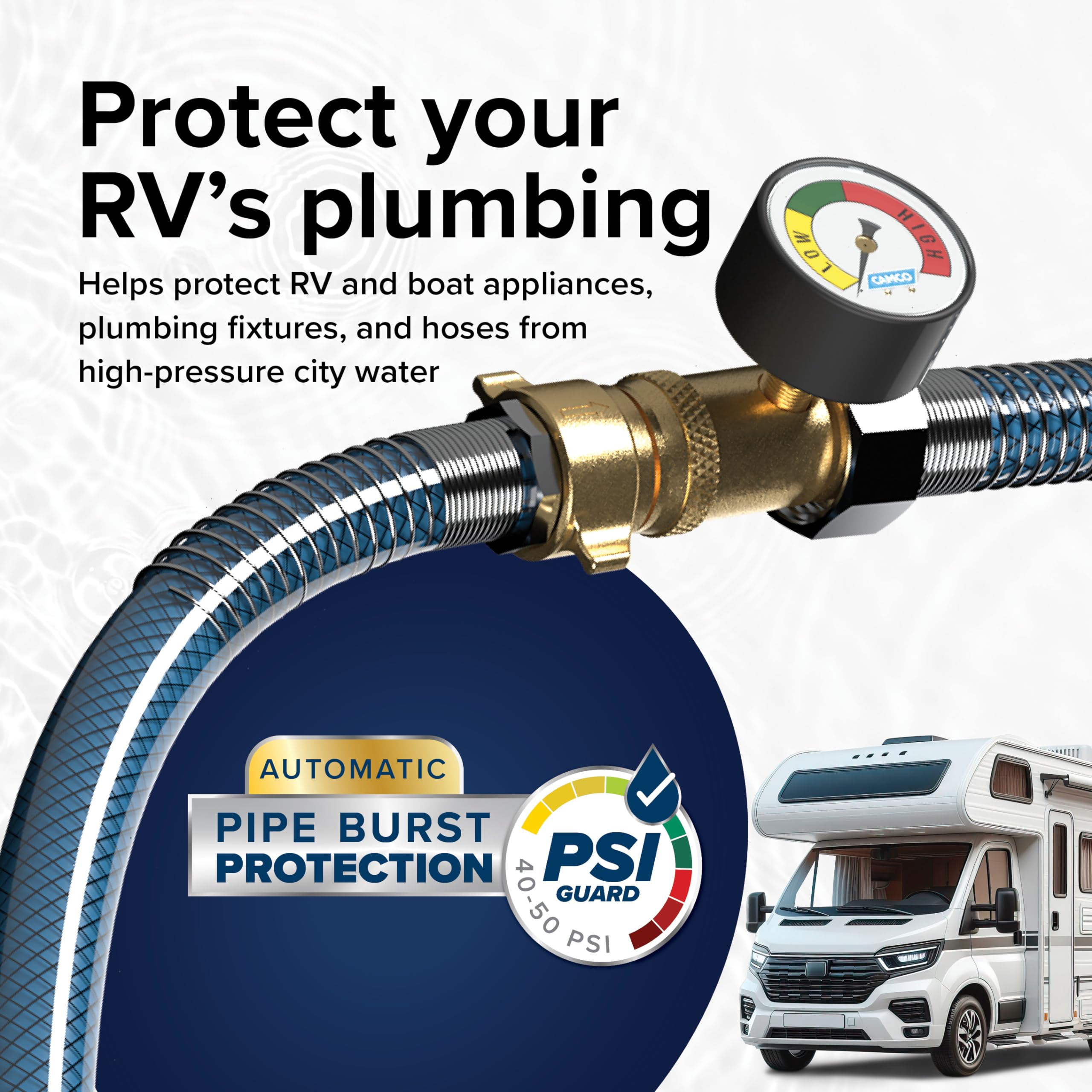 Brass Camco Water Pressure Regulator with Gauge- Helps Protect RV Plumbing and Hoses from High-Pressure City Water - Easy Read Gauge (40064)