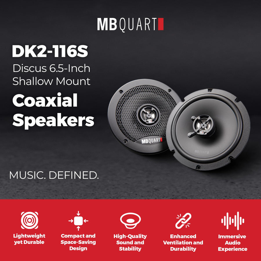 6.5-Inch MB Quart DK2-116S Discus Shallow Mount 2-Way Coaxial Speakers, 60/120W RMS System Power, Aluminum Dome Tweeters, Butyl Rubber Surrounds