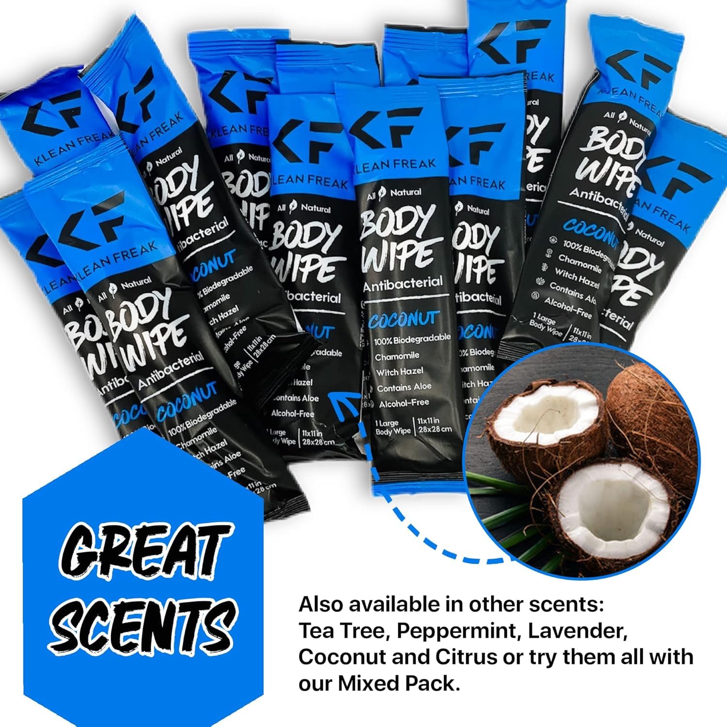 The Body Wipes Klean Freak - 12 count Individually Wrapped | Showerless Body Wipe for Women & Men | Sustainable Bodywipes for Gym, Travel, Camping | Coconut