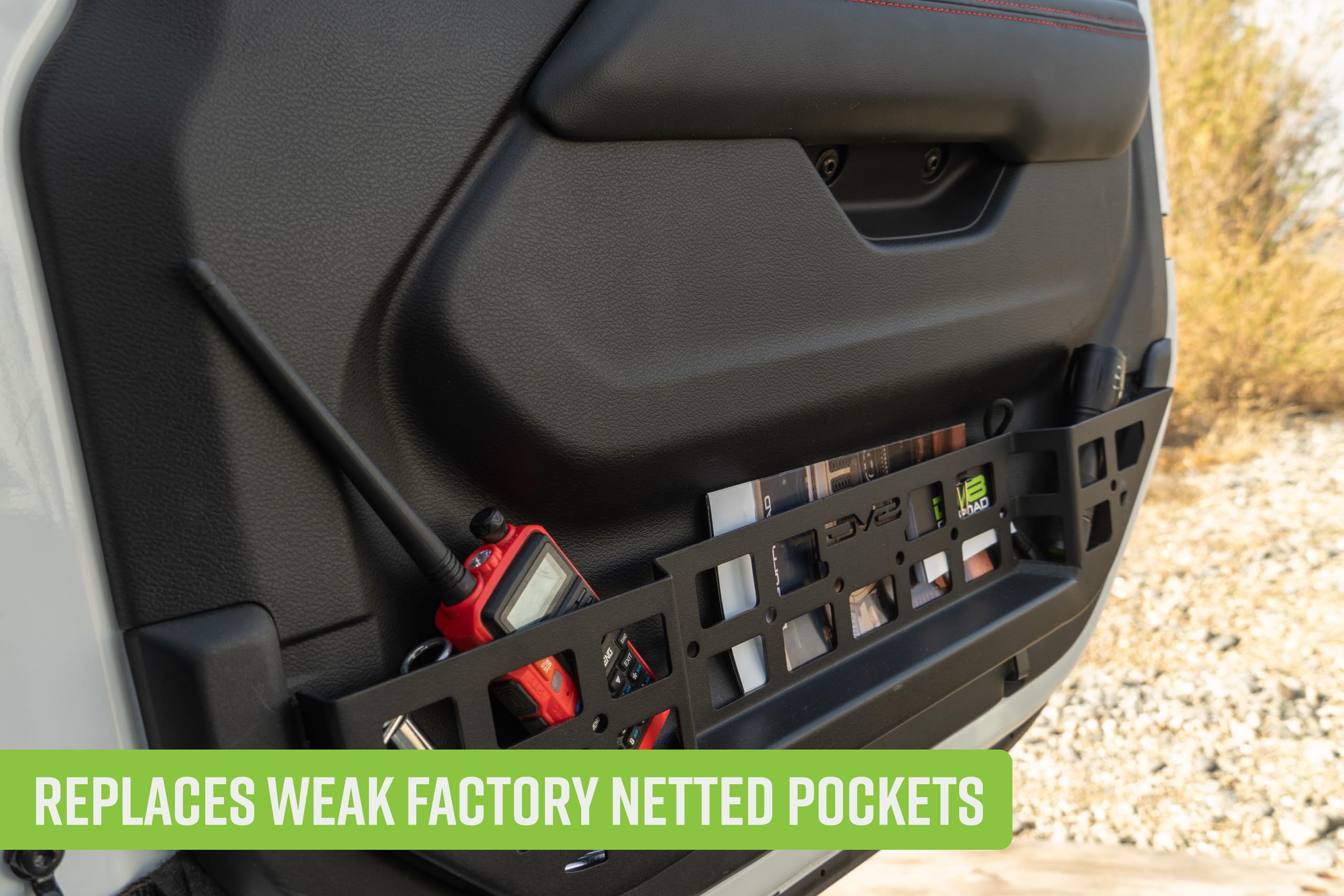Electric Seat DV8 Offroad Front Door Molle Pockets for 2018-2025 Jeep Wrangler JL & Gladiator JT | Replaces Weak Factory Netting | Molle Design for Mounting Daily Gear | Black Powder Coat | Steel