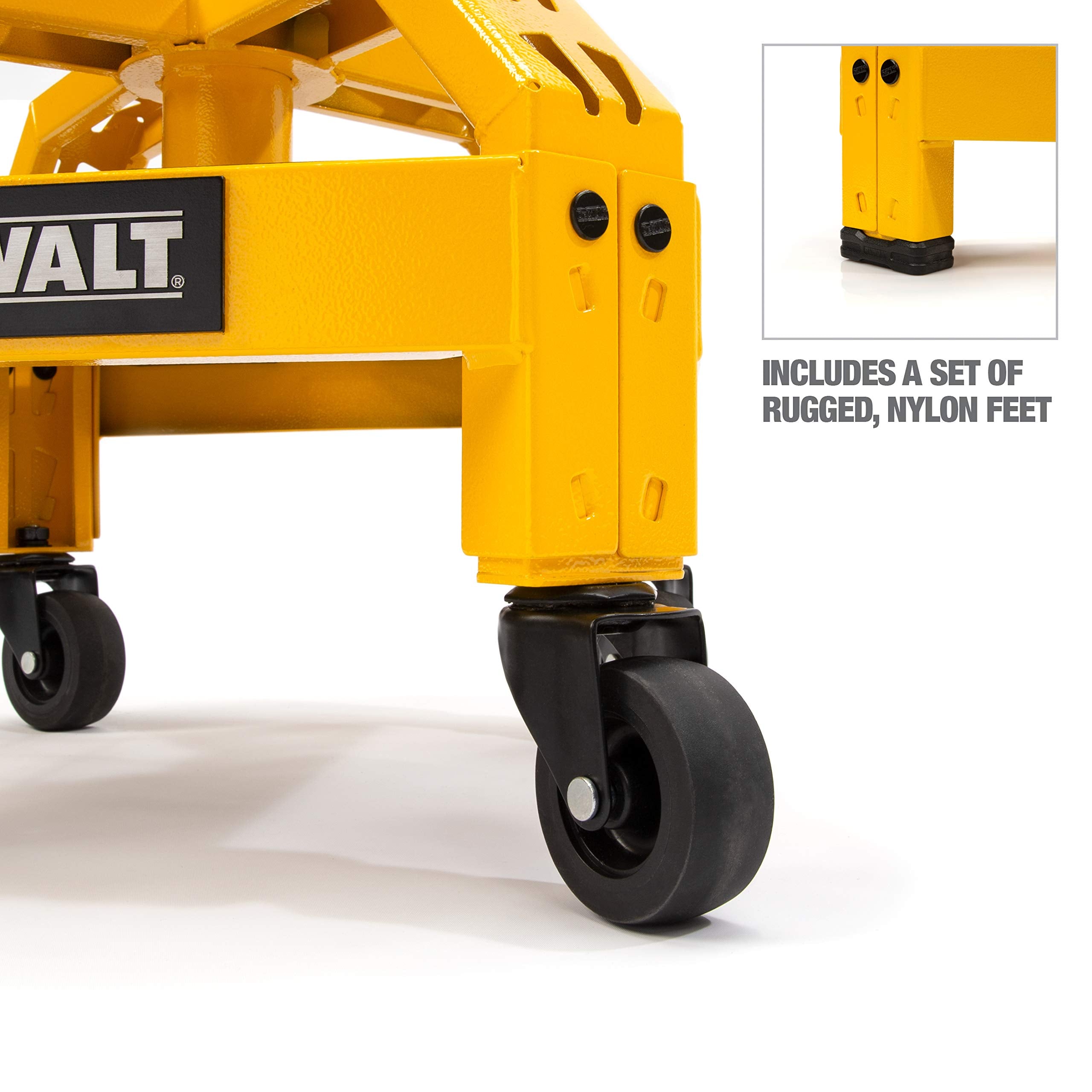 Heavy Duty DEWALT Adjustable Rolling Shop Stool, 360-degree Swivel Industrial Garage Stool with Padded Seat, Storage Shelf, Removable Wheels