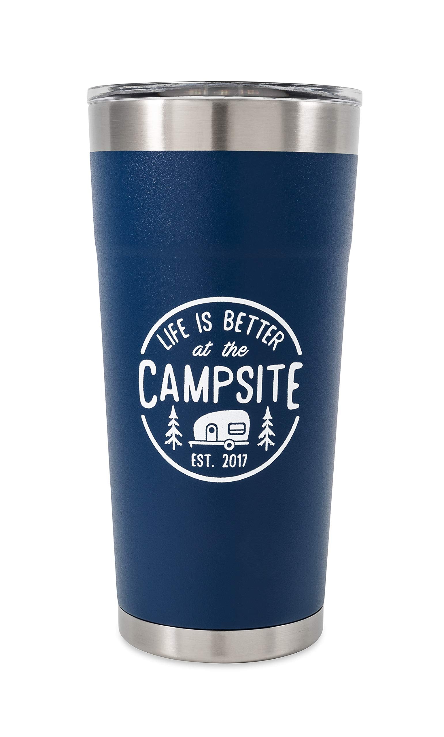 Stainless Steel Tumbler Camco Life is Better at The Campsite - Features Double Wall Vacuum Insulation for Heat/Ice Retention & Unique Life is Better At the Campsite Design - Holds 20 oz. (53323)
