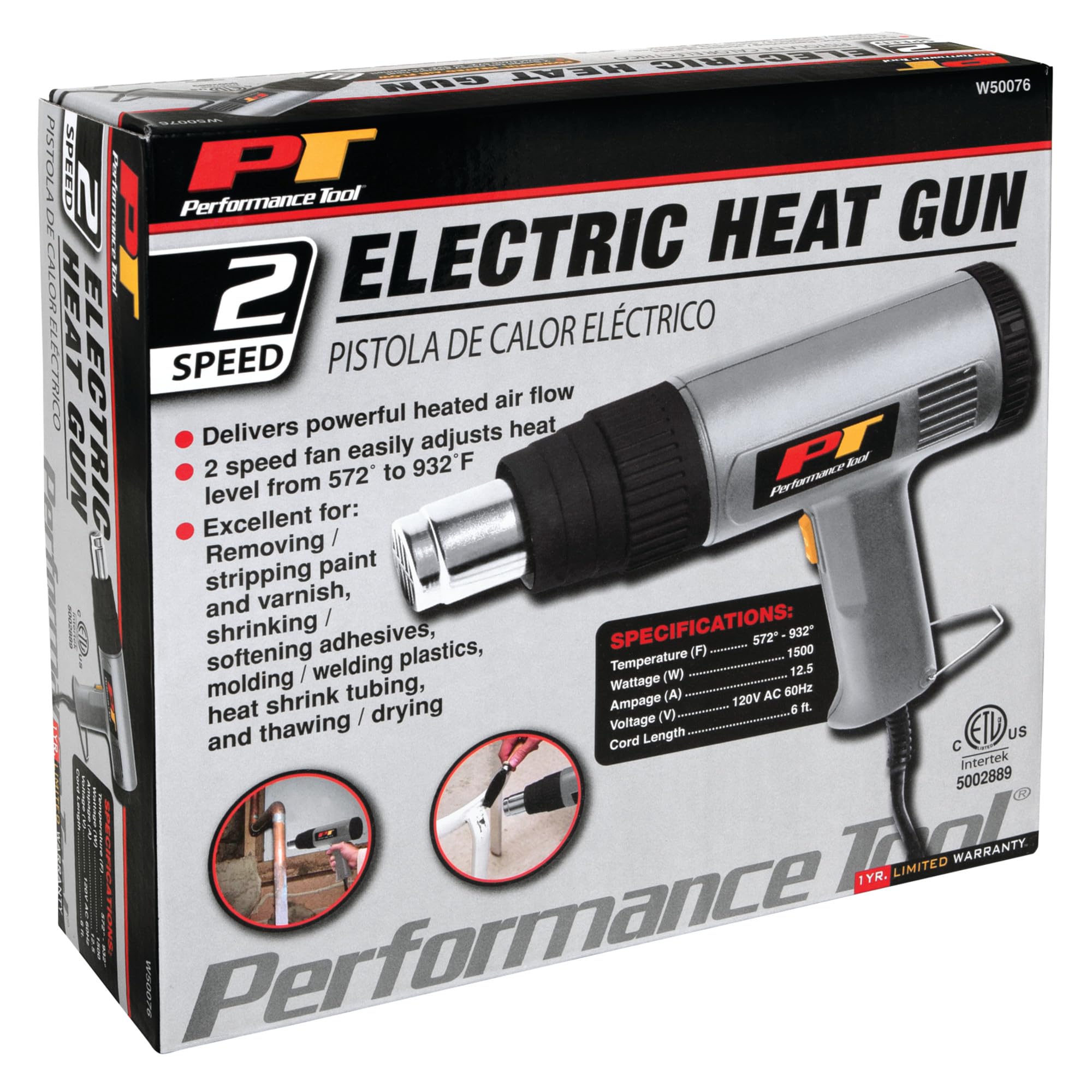 W50076 Performance Tool 2 Speed Heat Gun 1500W (300/500 Celsius) for Removing Paint, Bending Pipes, Shrinking PVC and More