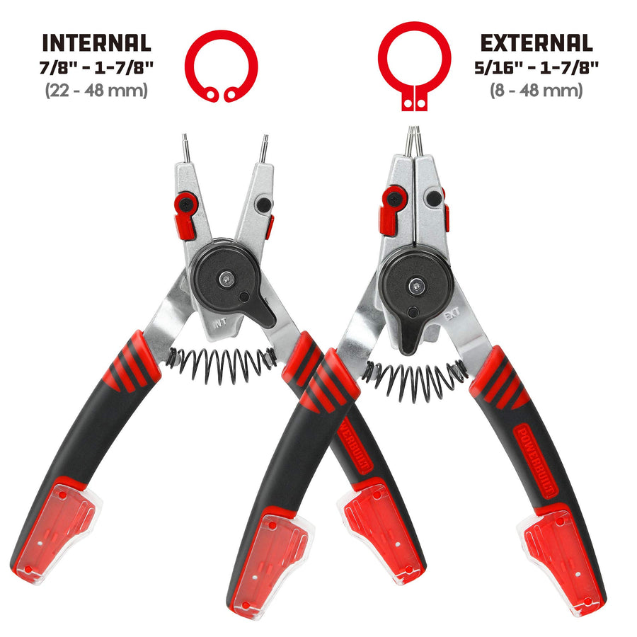 Powerbuilt Snap Ring Pliers with Internal External Combination Switch, Reversible, Remove and Install, Spring Loaded, Tips Included - Red 941336