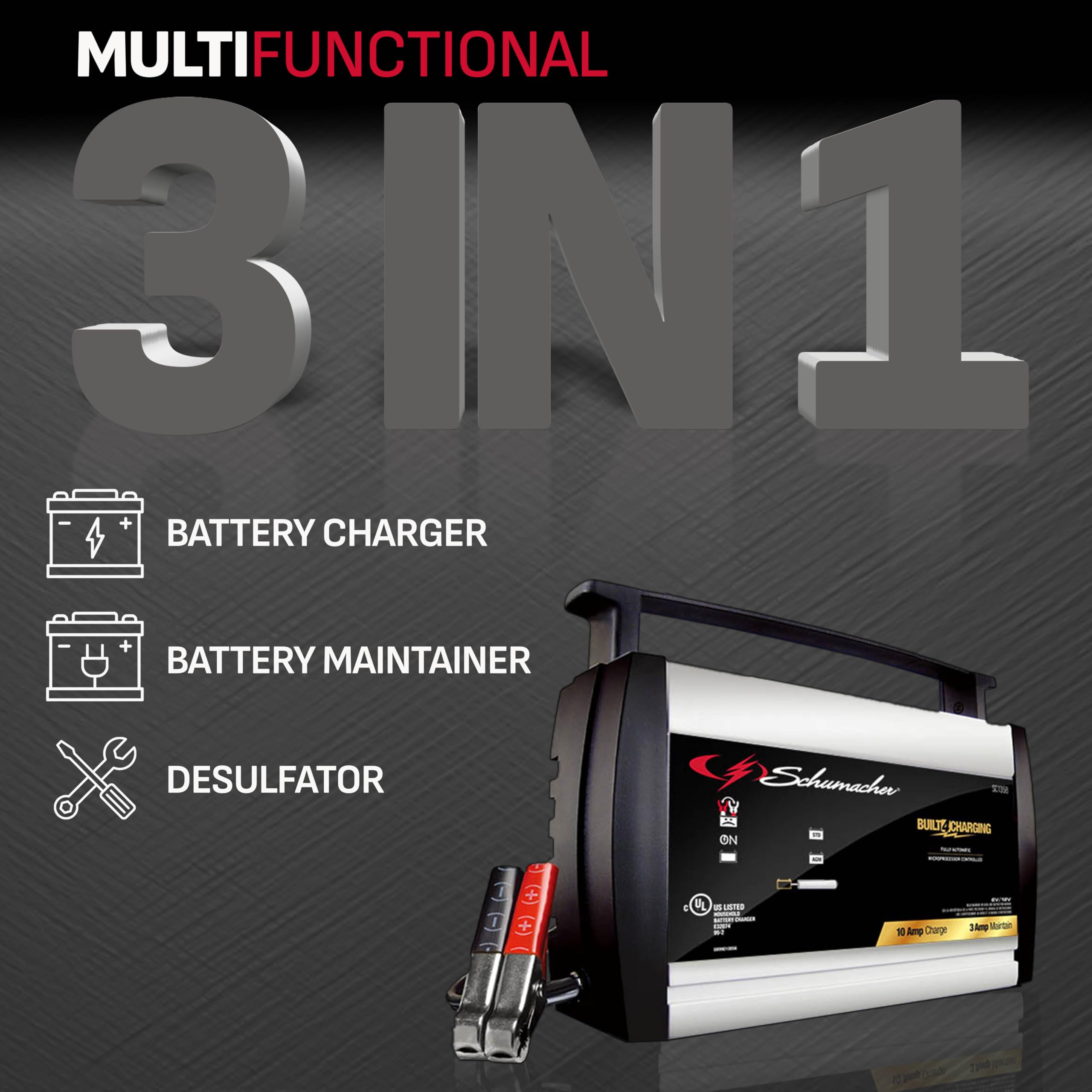 Schumacher Electric SC1358 Battery Charger and Maintainer, 3-in-1, Fully Automatic, 10 Amps, 6 Volt, 12 Volt, for Motorcycle, Lawn Tractor, Power Sport, Car, and Marine Batteries