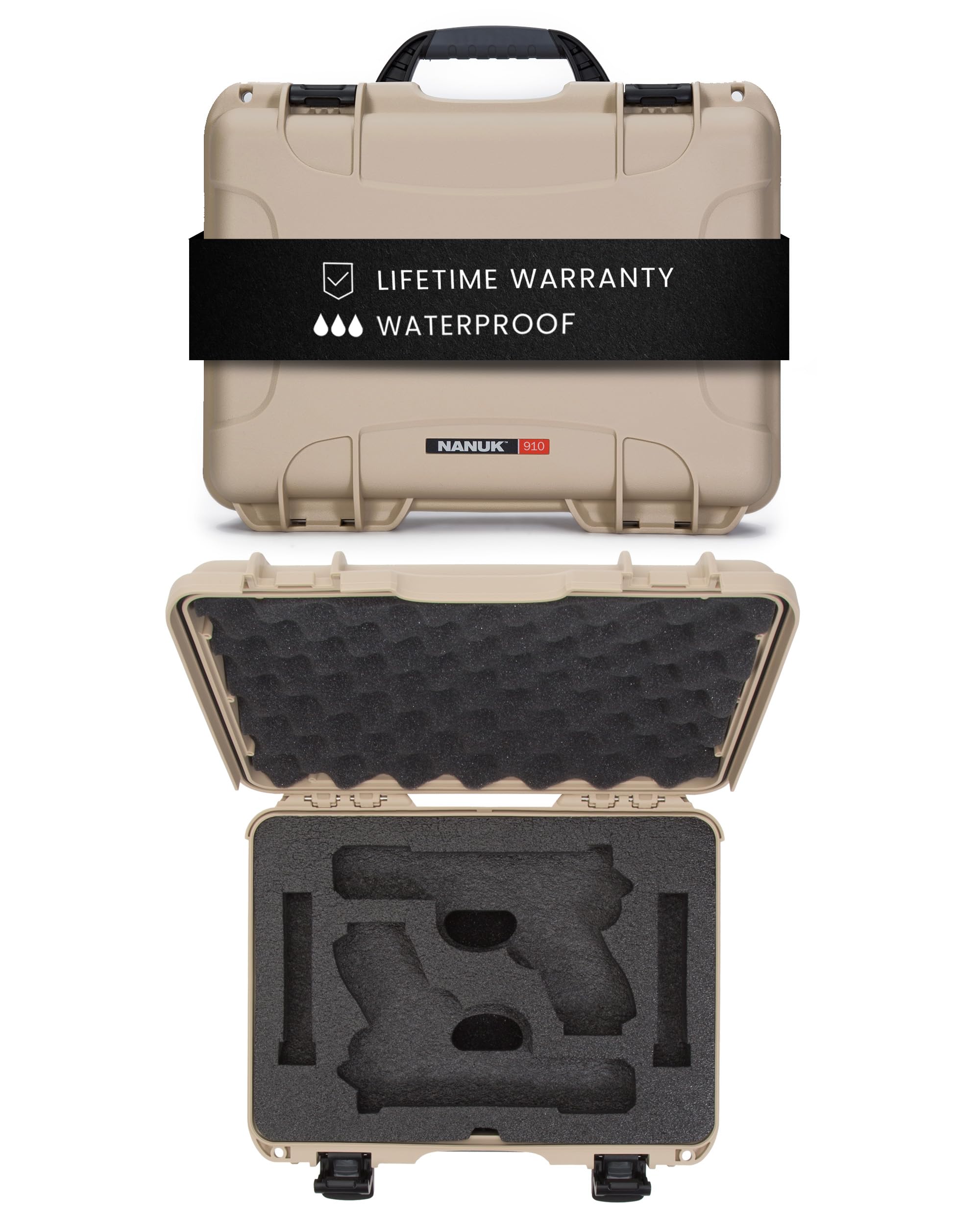 NANUK 910 Hard Case with Custom Foam Insert 2 UP for Glock, IP67 Waterproof & Crushproof, Rugged Construction for Ultimate Protection, Made in North America – Tan (14.3” x 11.1” x 4.7”)