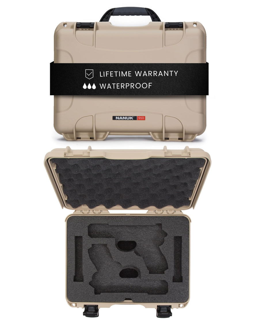 NANUK 910 Hard Case with Custom Foam Insert 2 UP for Glock, IP67 Waterproof & Crushproof, Rugged Construction for Ultimate Protection, Made in North America – Tan (14.3” x 11.1” x 4.7”)