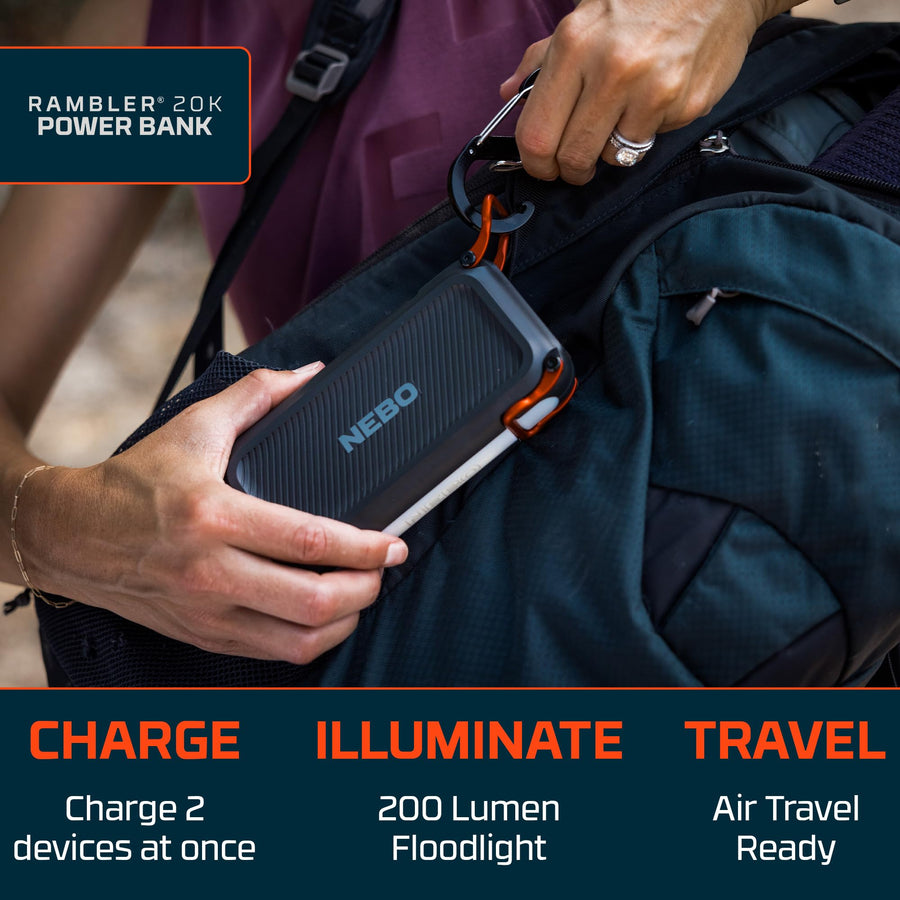 20K NEBO Rambler Hand-Held Power Bank | 74Wh Capacity, 2-Way Output Charging, USB & USB-C Ports, 4.5 Phone Recharges at Full Battery, Compact Design, Built-In Flashlight, TSA Approved Travel Essential