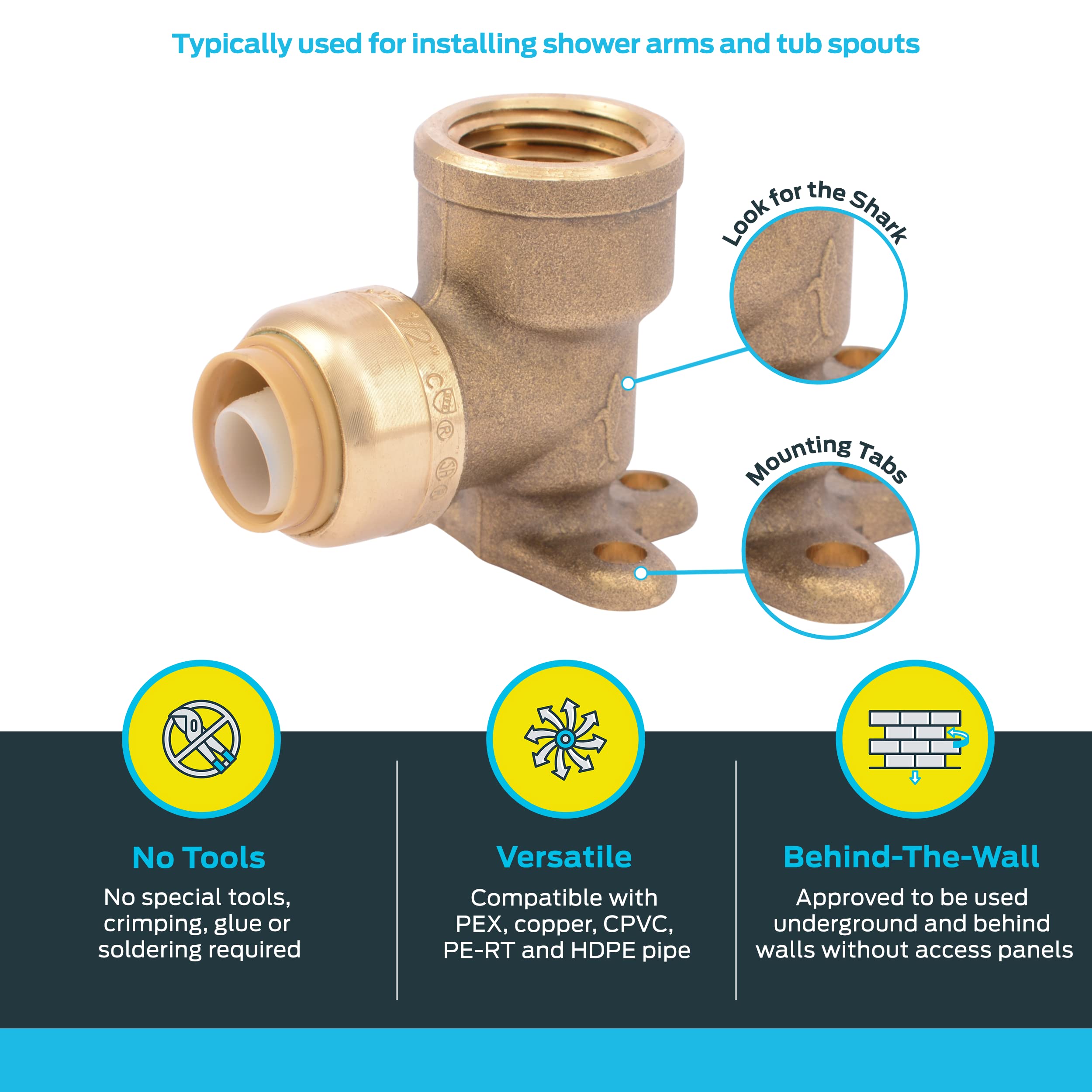 1/2 Inch x 1/2 Inch SharkBite Drop Ear Elbow, FNPT, Push to Connect Brass Plumbing Fitting, PEX Pipe, Copper, CPVC, PE-RT, HDPE, U334LFA