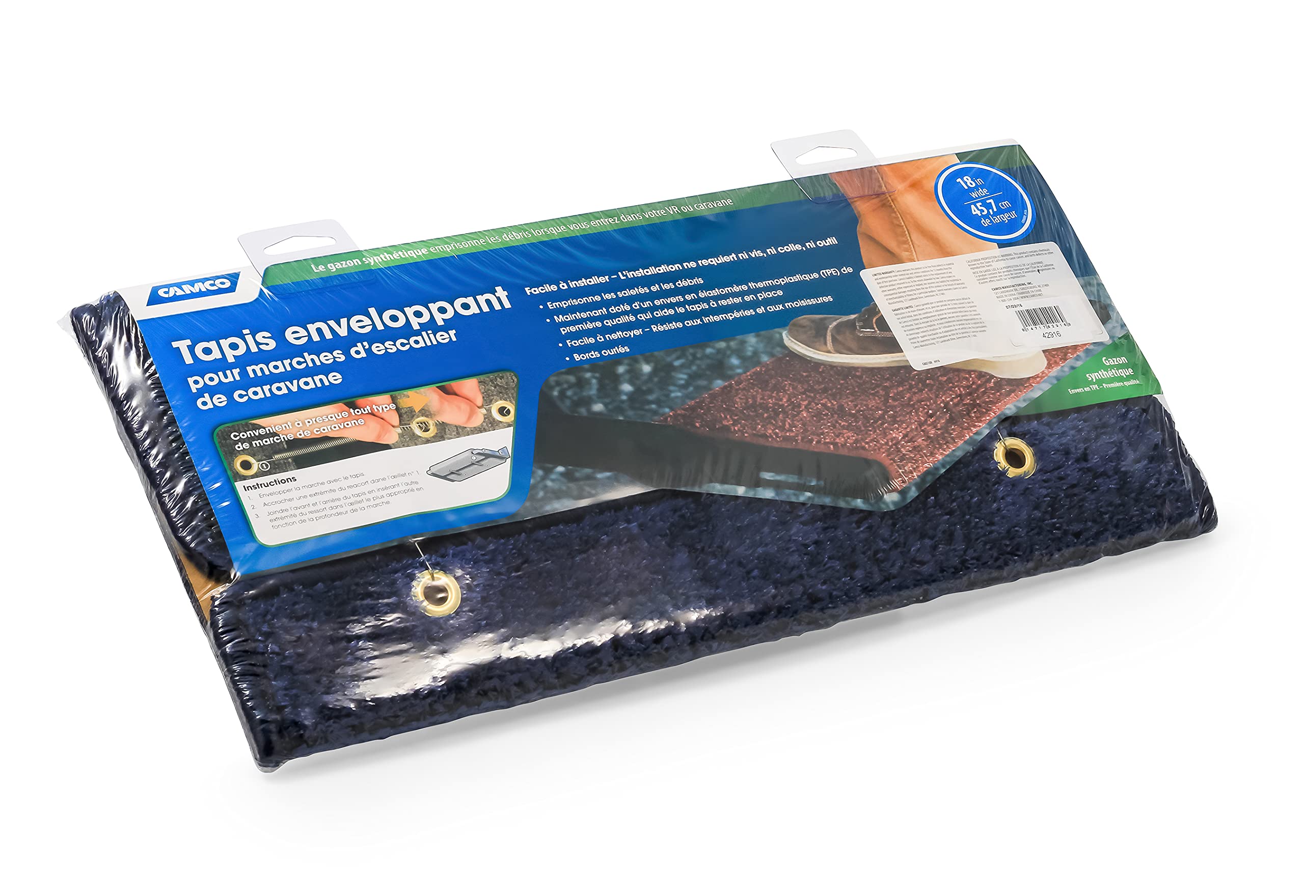 RV Camco Wrap Around Turf Step Rug | Help Trap Dirt, Leaves, and More | Easy to Install | Easy to Clean | Blue (42916)